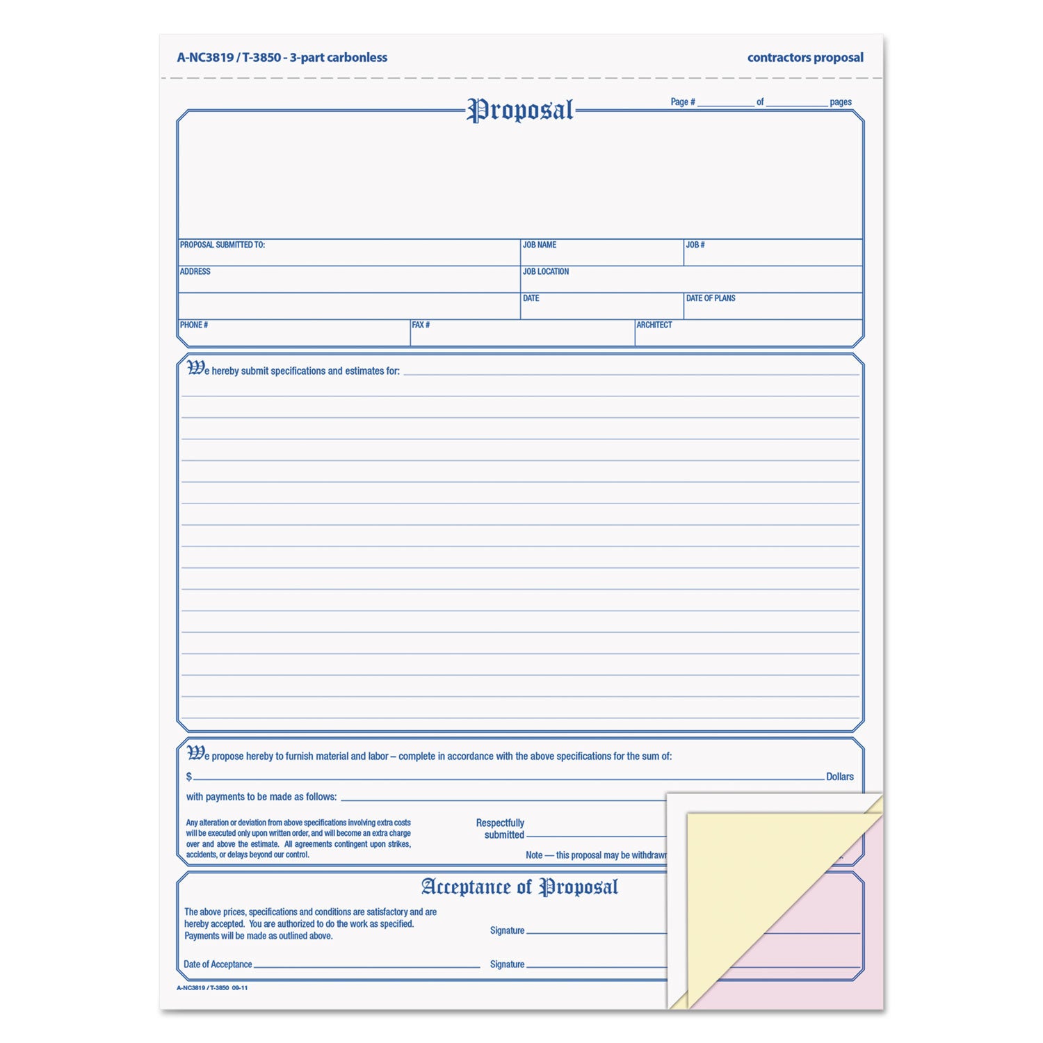 Proposal Form, Three-Part Carbonless, 11 x 8.5, 50 Forms Total -