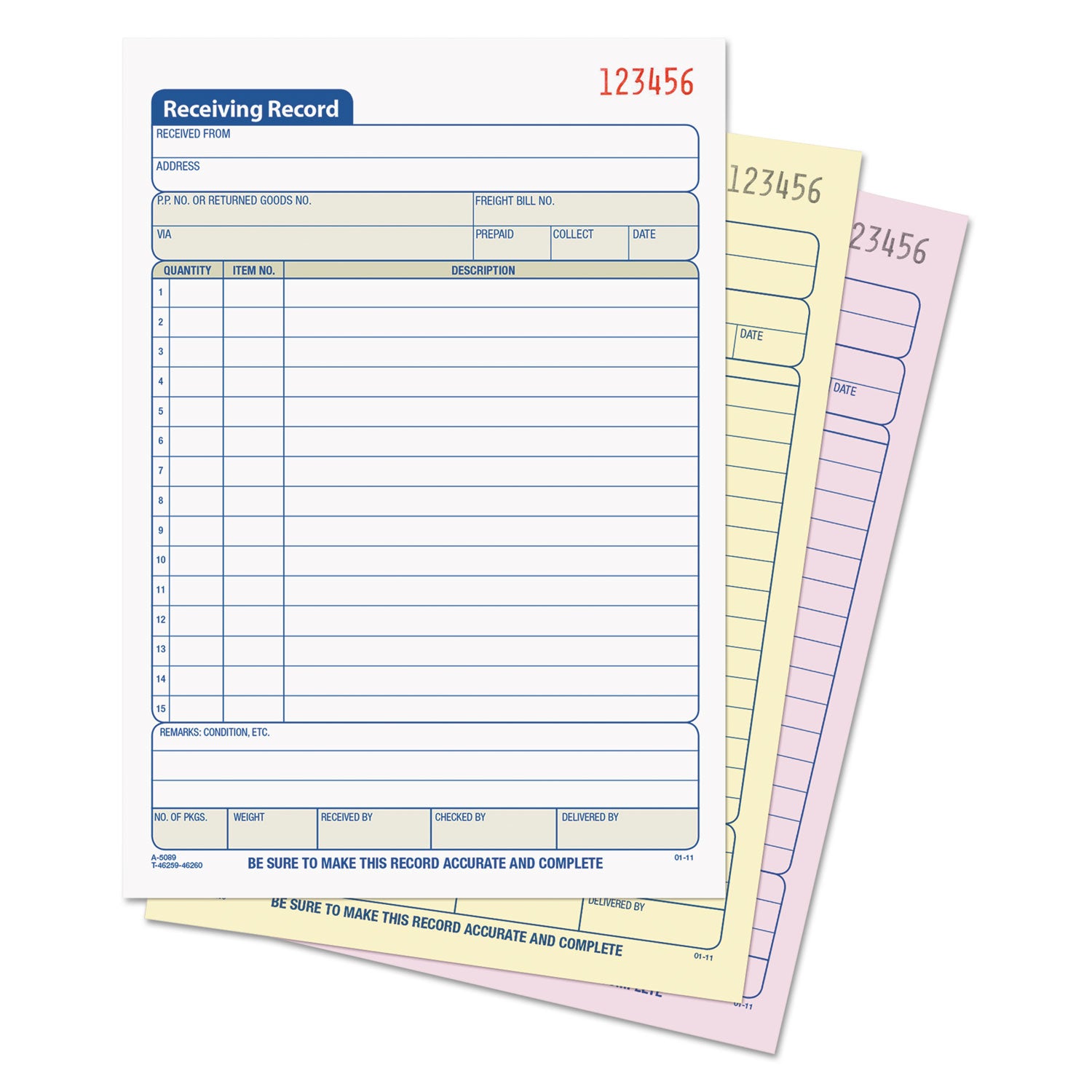 Receiving Record Book, Three-Part Carbonless, 5.56 x 7.94, 50 Forms Total -