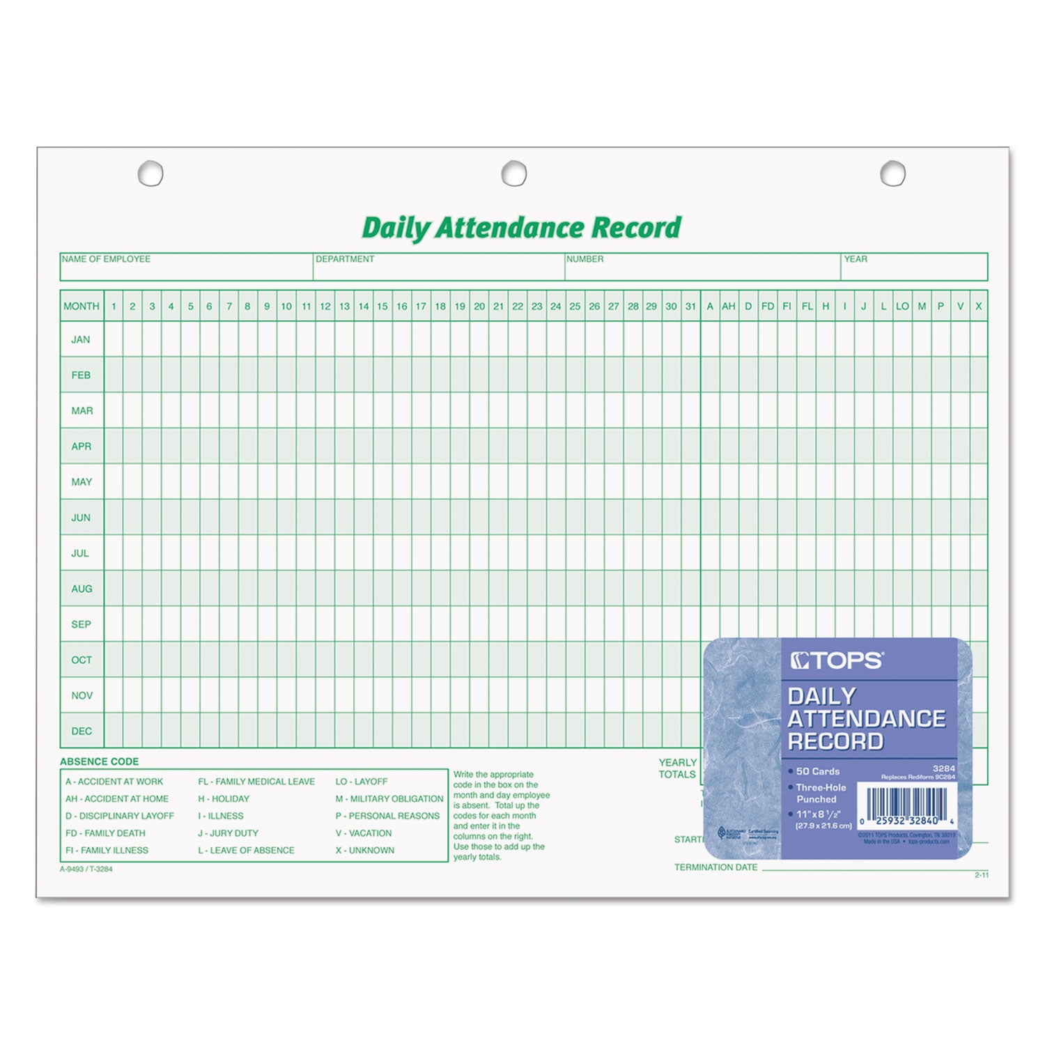 Daily Attendance Card, One-Part (No Copies), 11 x 8.5, 50 Forms Total -