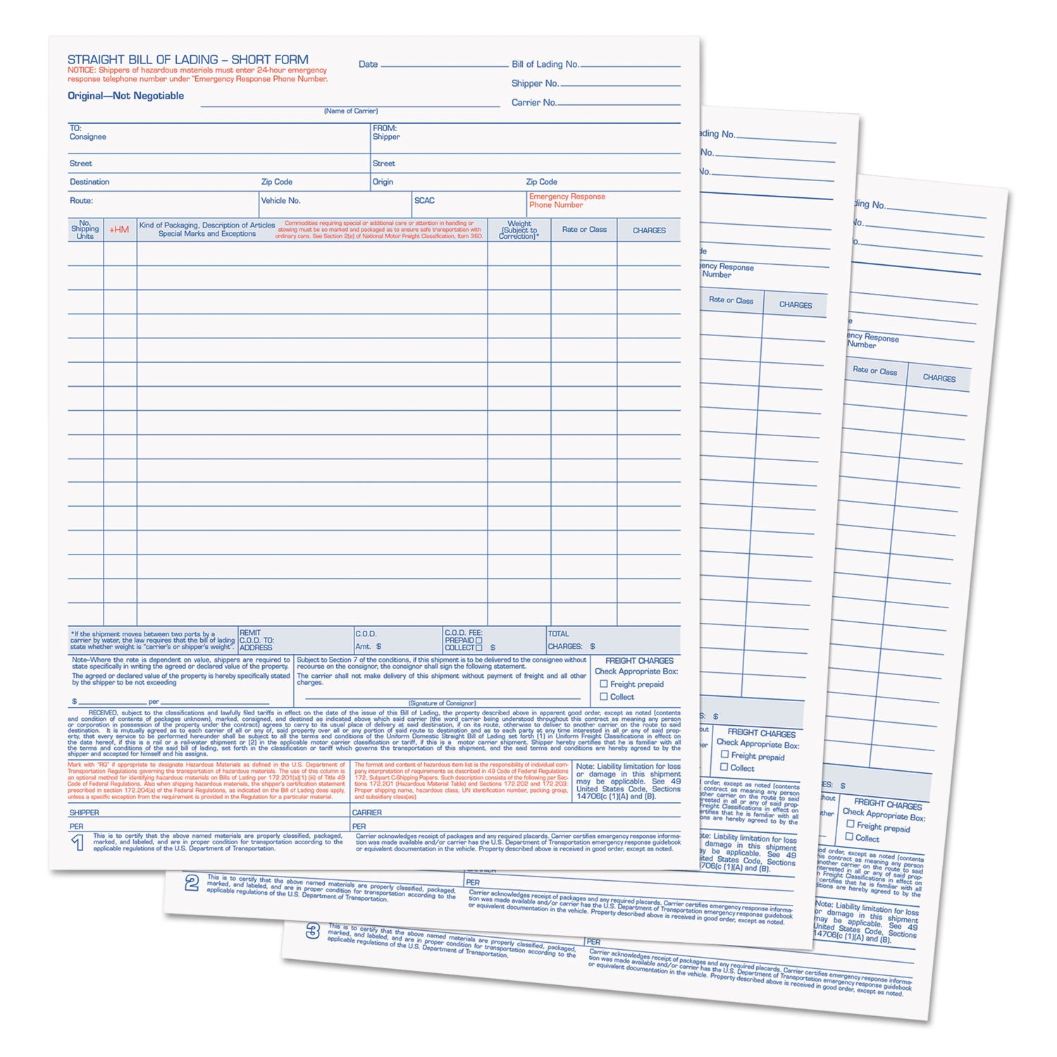 Bill of Lading, Three-Part Carbonless, 8.5 x 11, 50 Forms Total -