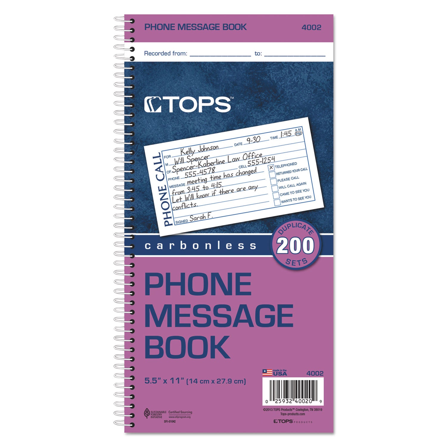 Spiralbound Message Book, Two-Part Carbonless, 5 x 2.75, 4 Forms/Sheet, 200 Forms Total -