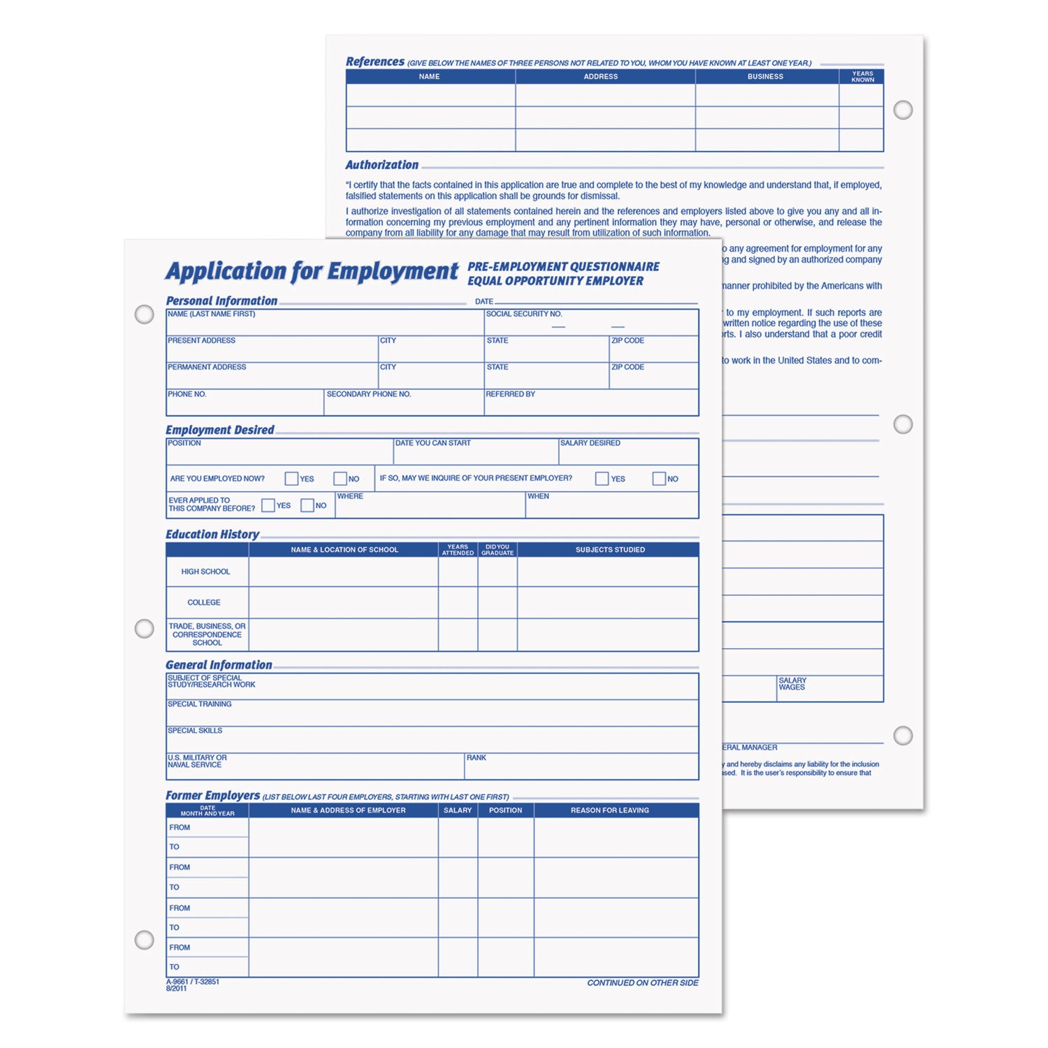 Employee Application Form, One-Part (No Copies), 11 x 8.38, 50 Forms/Pad, 2 Pads/Pack -
