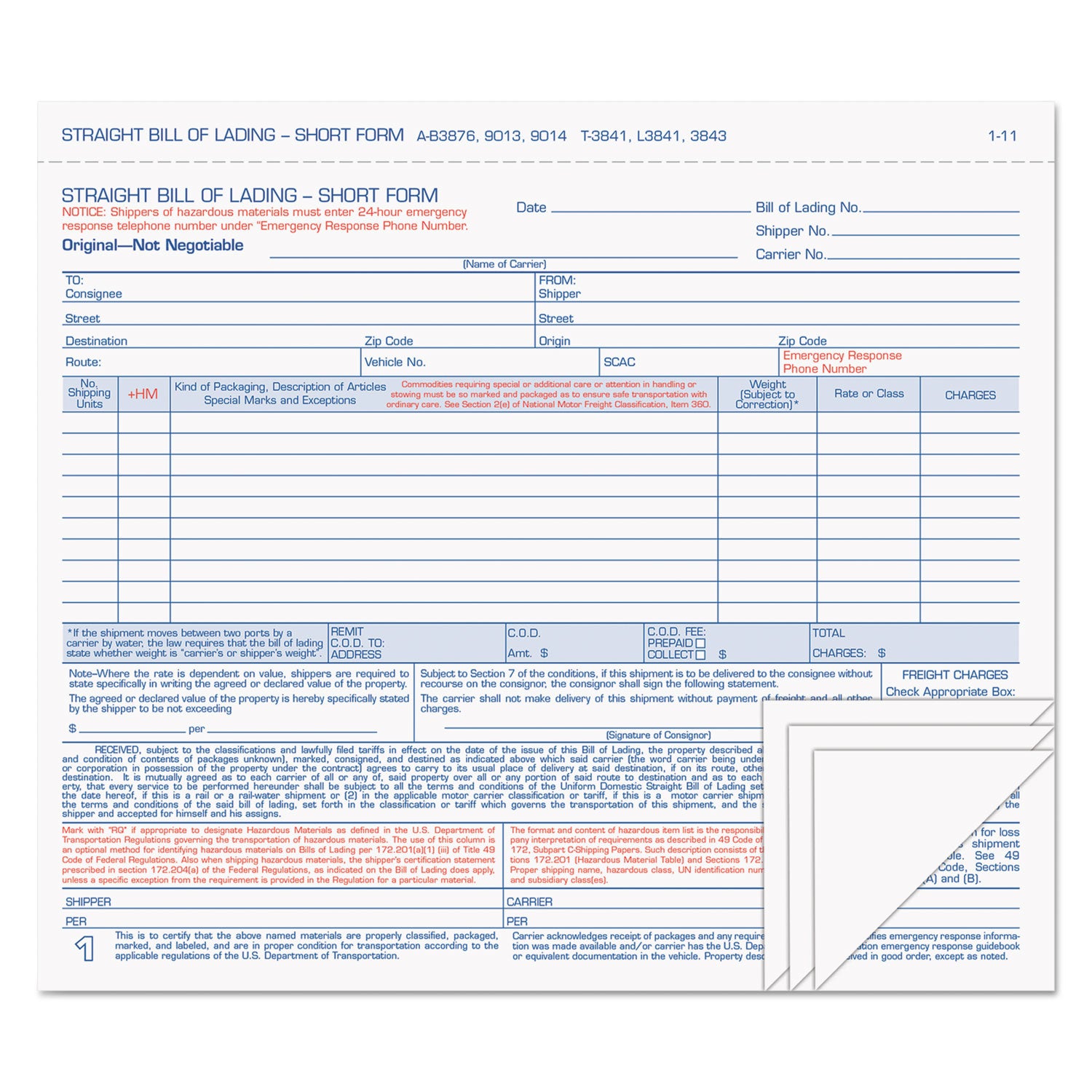 Hazardous Material Short Form, Four-Part Carbonless, 8.5 x 7, 50 Forms Total -