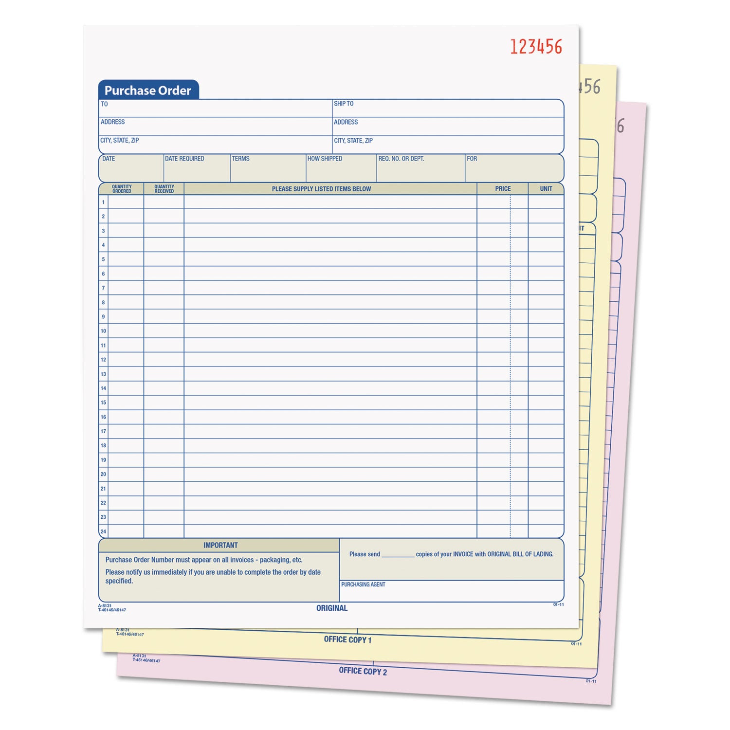 Purchase Order Book, 22 Lines, Three-Part Carbonless, 8.38 x 10.19, 50 Forms Total -