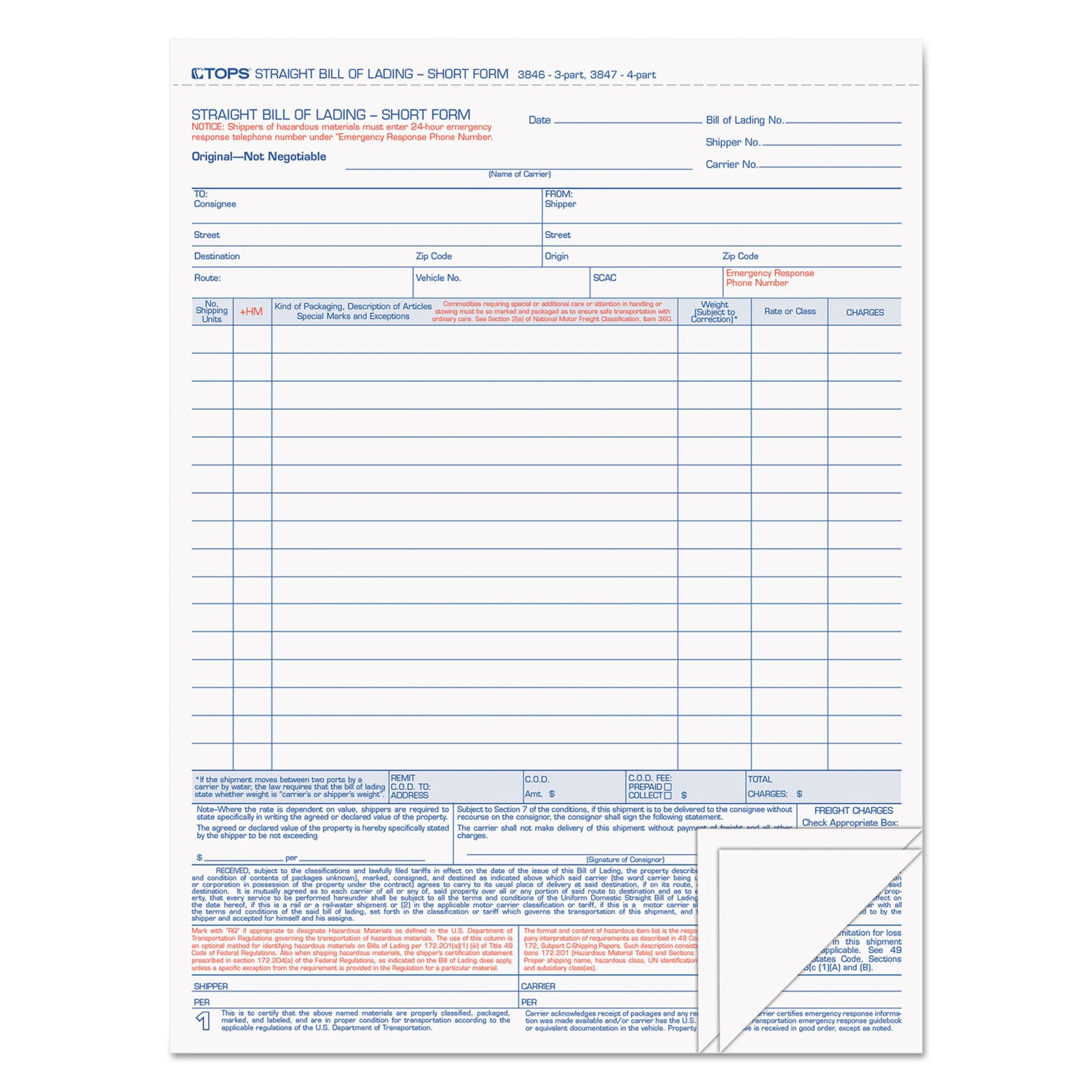 Bill of Lading, Three-Part Carbonless, 8.5 x 11, 50 Forms Total -