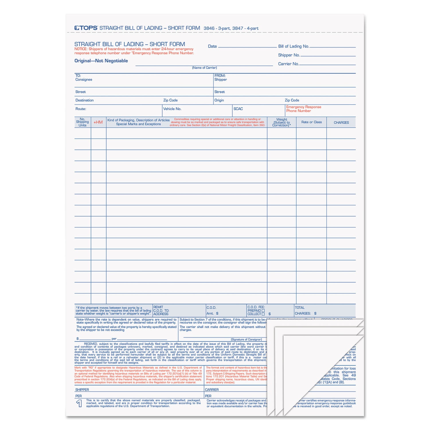 Bill of Lading, Four-Part Carbonless, 8.5 x 11, 50 Forms Total -