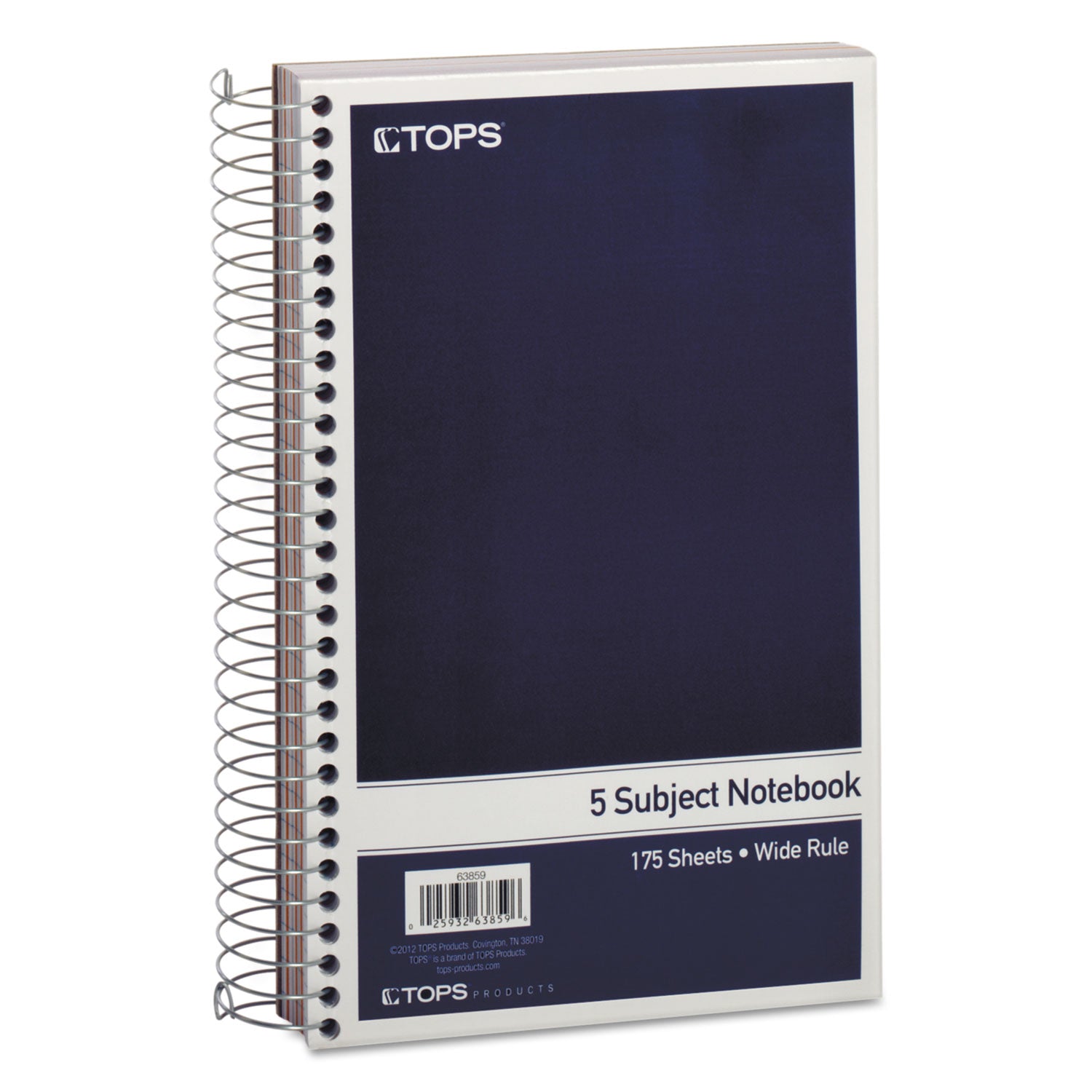 Wirebound Five-Subject Notebook, Wide/Legal Rule, Navy Cover, (175) 9.5 x 6 Sheets -
