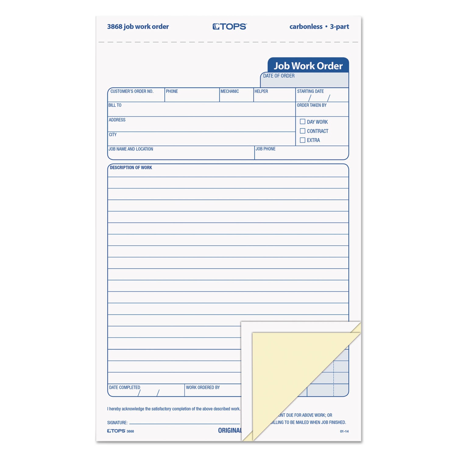 Job Work Order, Three-Part Carbonless, 5.66 x 8.63, 50 Forms Total -