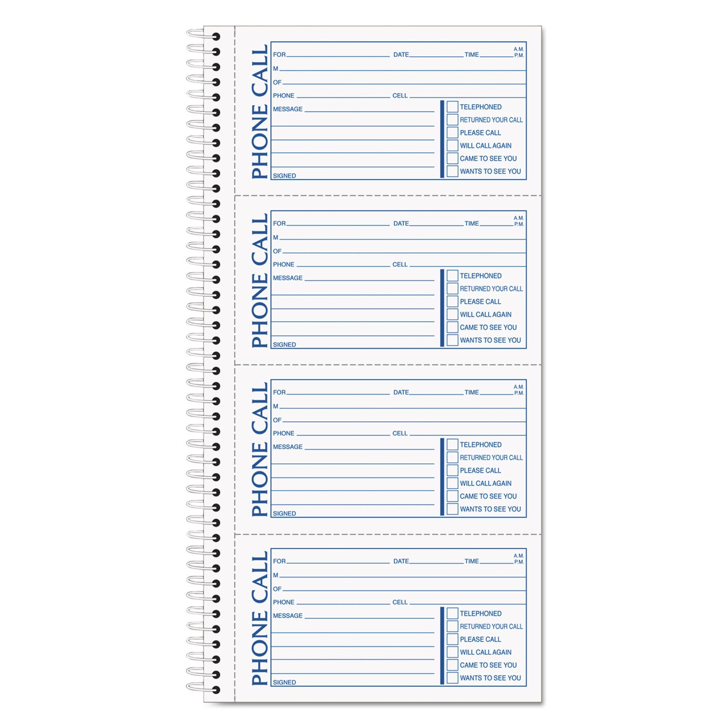 Spiralbound Message Book, Two-Part Carbonless, 5 x 2.75, 4 Forms/Sheet, 200 Forms Total -