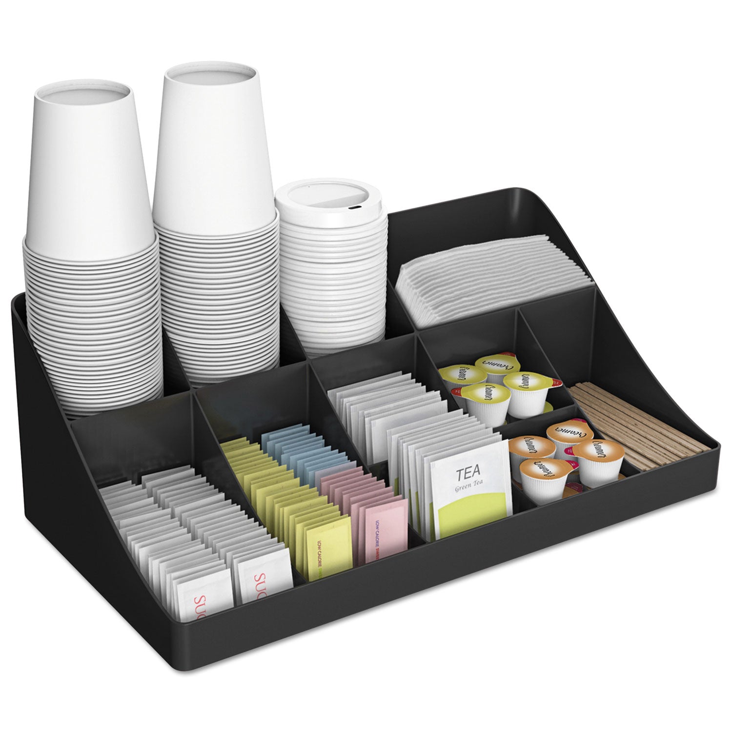 11-Compartment Coffee Condiment Organizer, 18.25 x 6.63 x 9.78, Black -