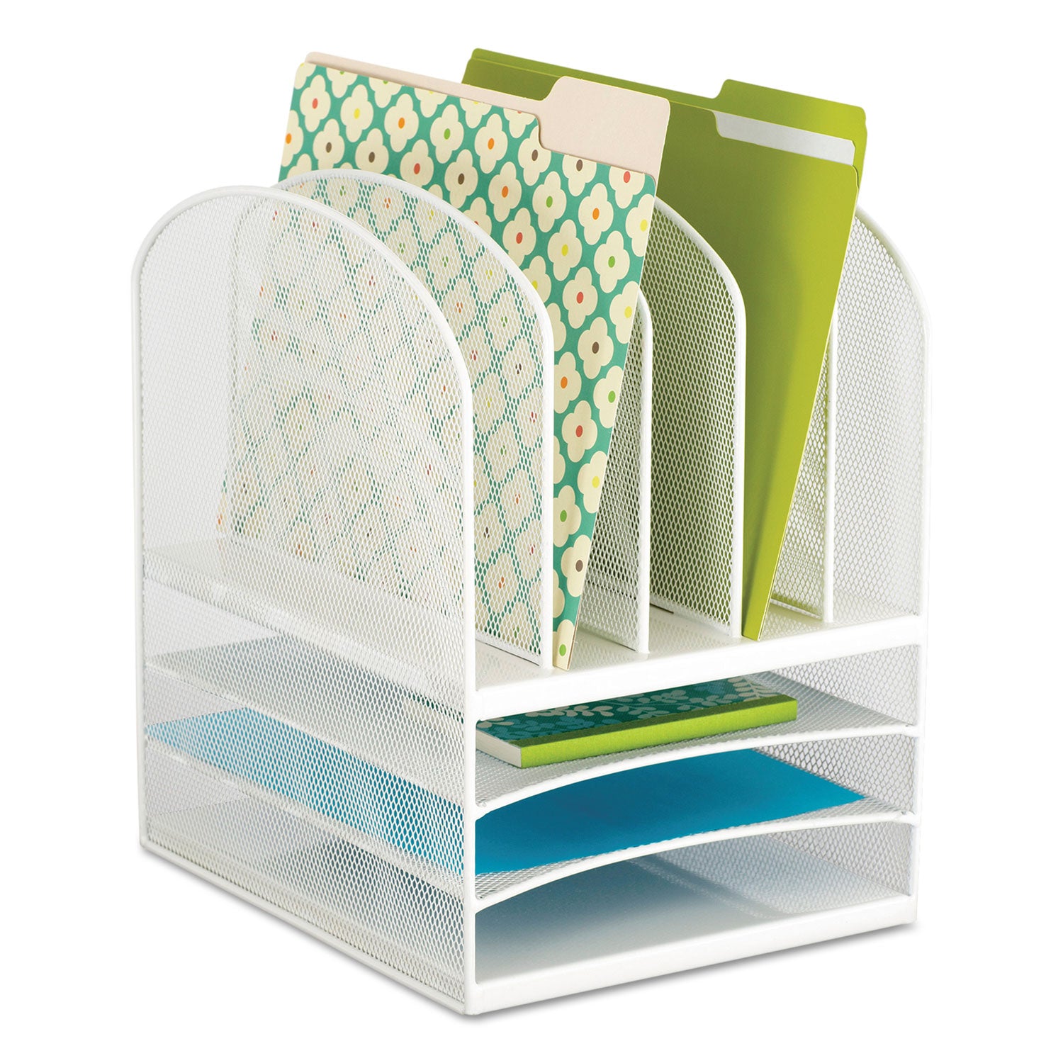 Onyx Mesh Desk Organizer with Five Vertical and Three Horizontal Sections, Letter Size Files, 11.5" x 9.5" x 13", White -