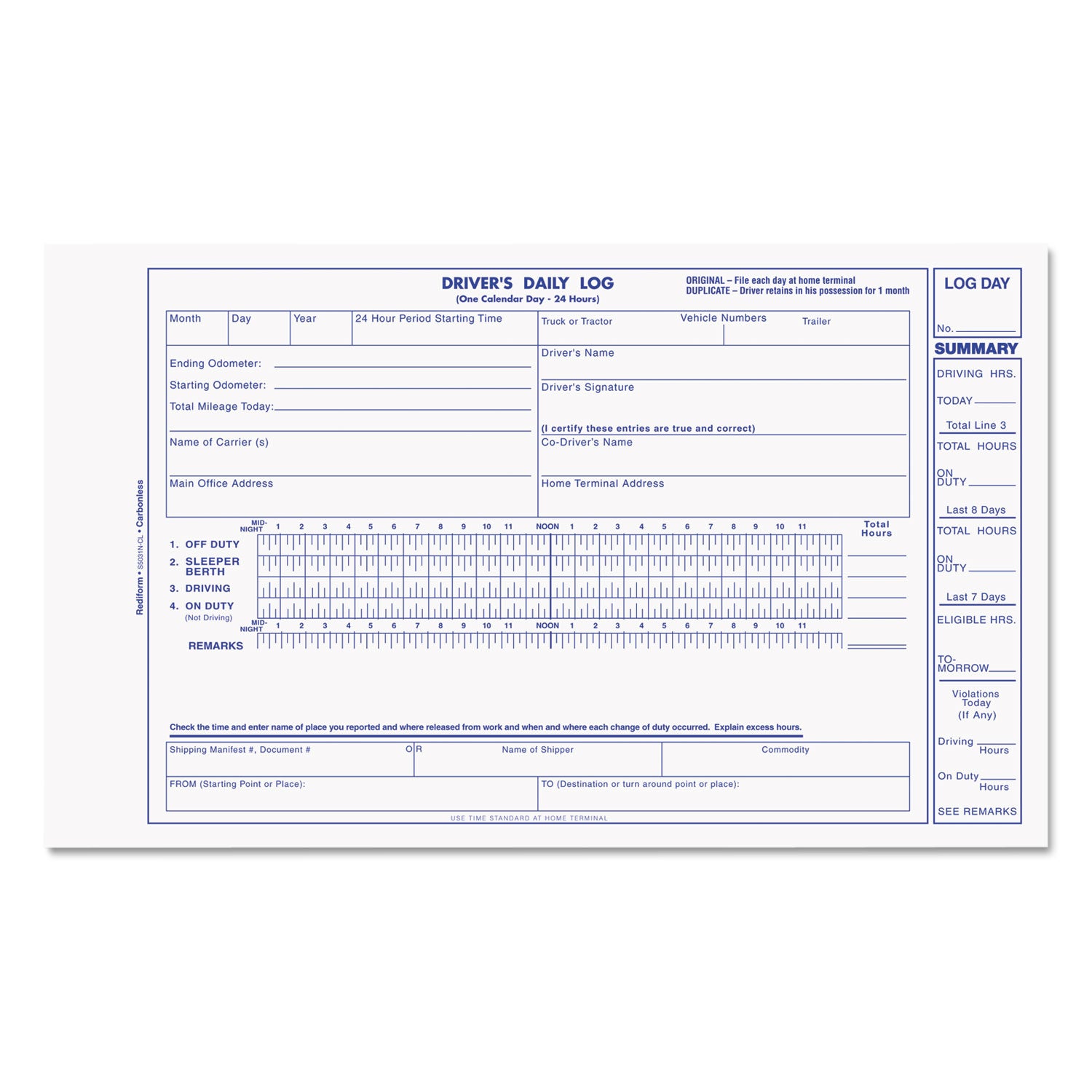 Driver's Daily Log Book, Two-Part Carbonless, 8.75 x 5.38, 31 Forms Total -
