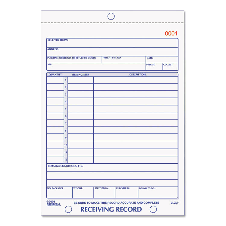 Receiving Record Book, Two-Part Carbonless, 5.56 x 7.94, 1/Page, 50 Forms -