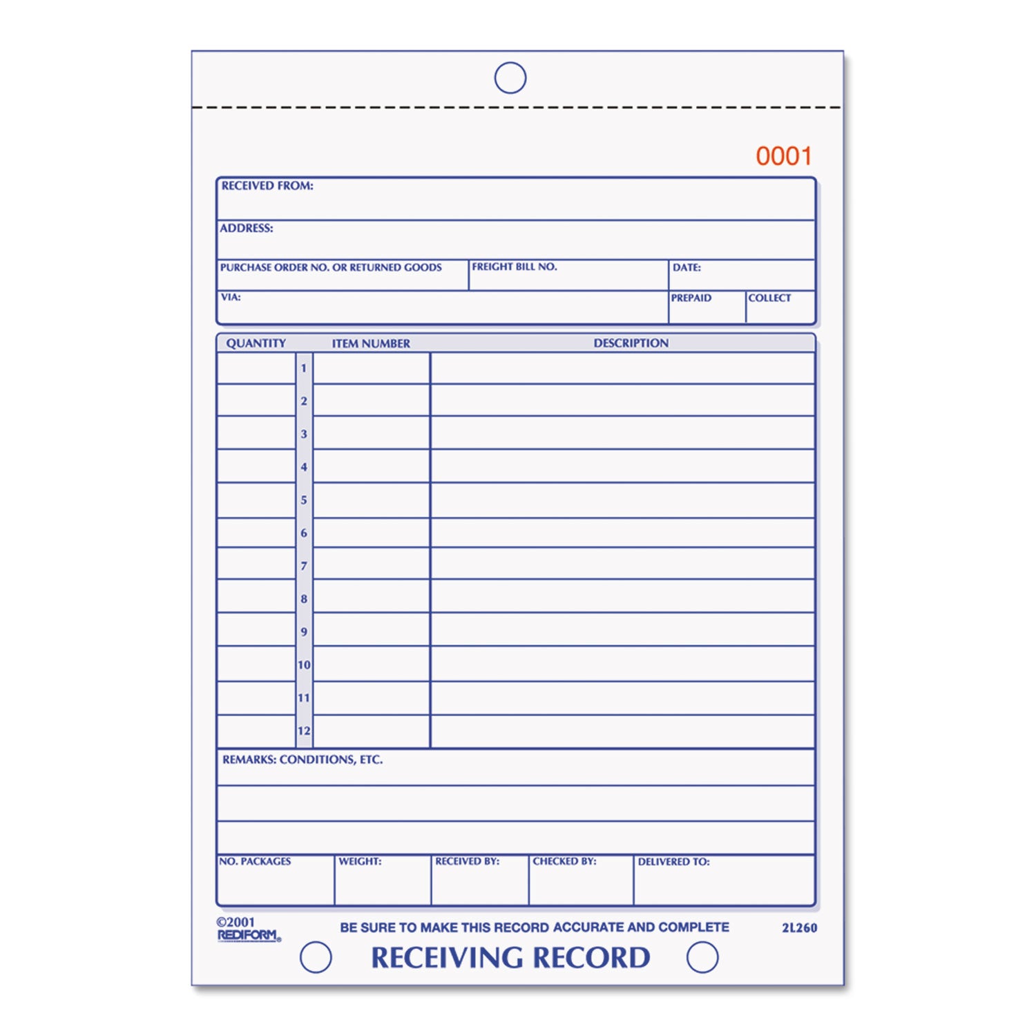 Receiving Record Book, Three-Part Carbonless, 5.56 x 7.94, 50 Forms Total -
