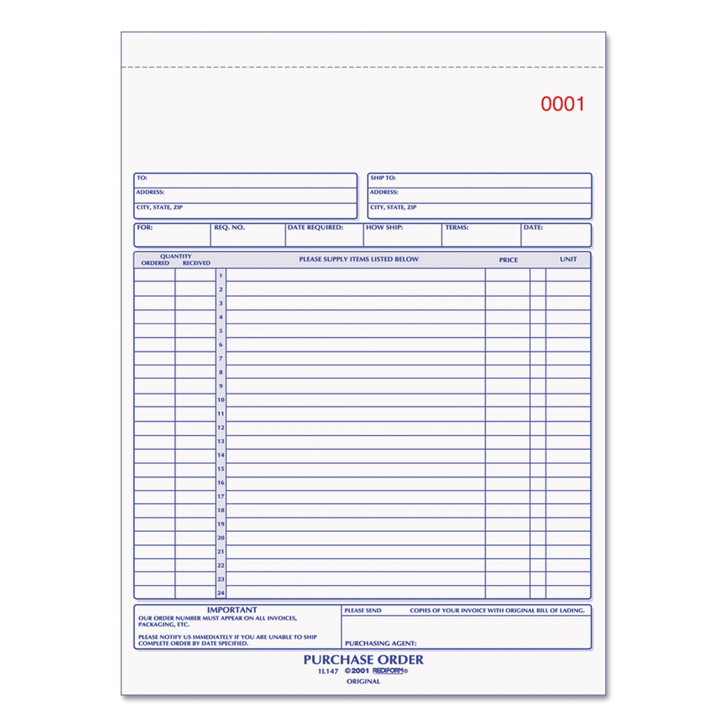 Purchase Order Book, 17 Lines, Three-Part Carbonless, 8.5 x 11, 50 Forms Total -