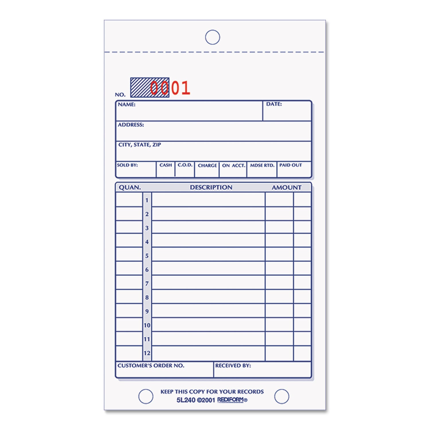 Sales Book, 12 Lines, Two-Part Carbonless, 3.63 x 6.38, 50 Forms Total -