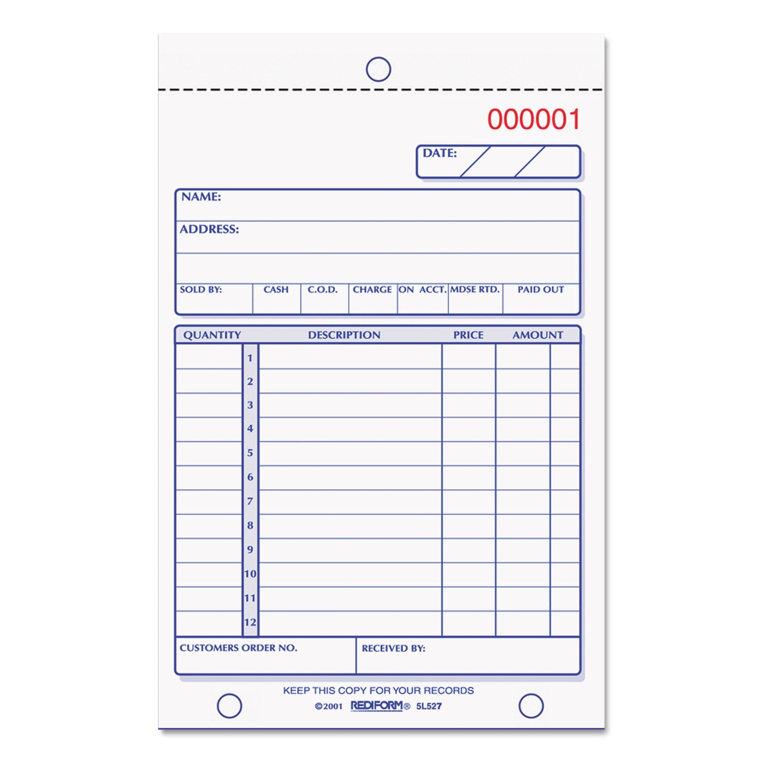 Sales Book, 12 Lines, Two-Part Carbonless, 4.25 x 6.38, 50 Forms Total -