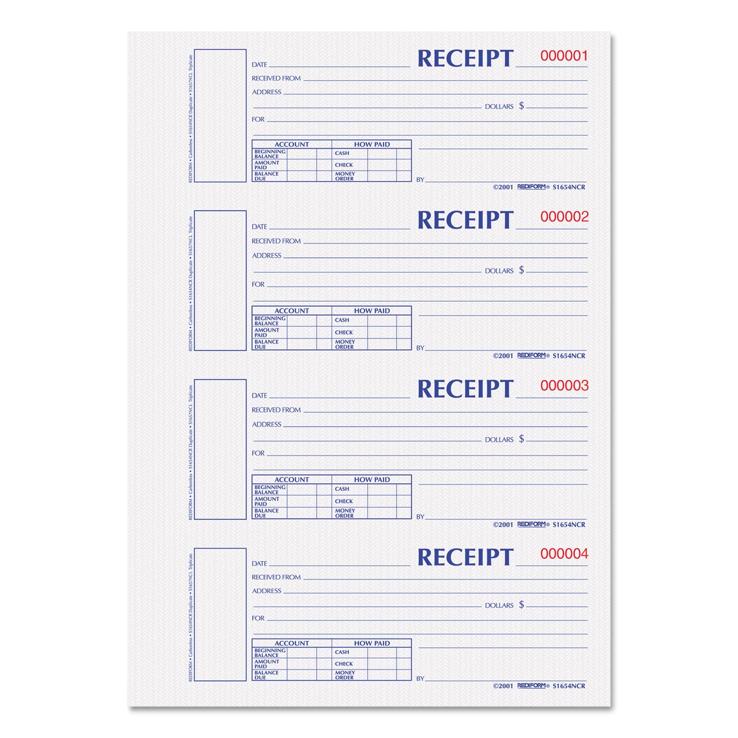 Durable Hardcover Numbered Money Receipt Book, Two-Part Carbonless, 6.88 x 2.75, 4 Forms/Sheet, 300 Forms Total -