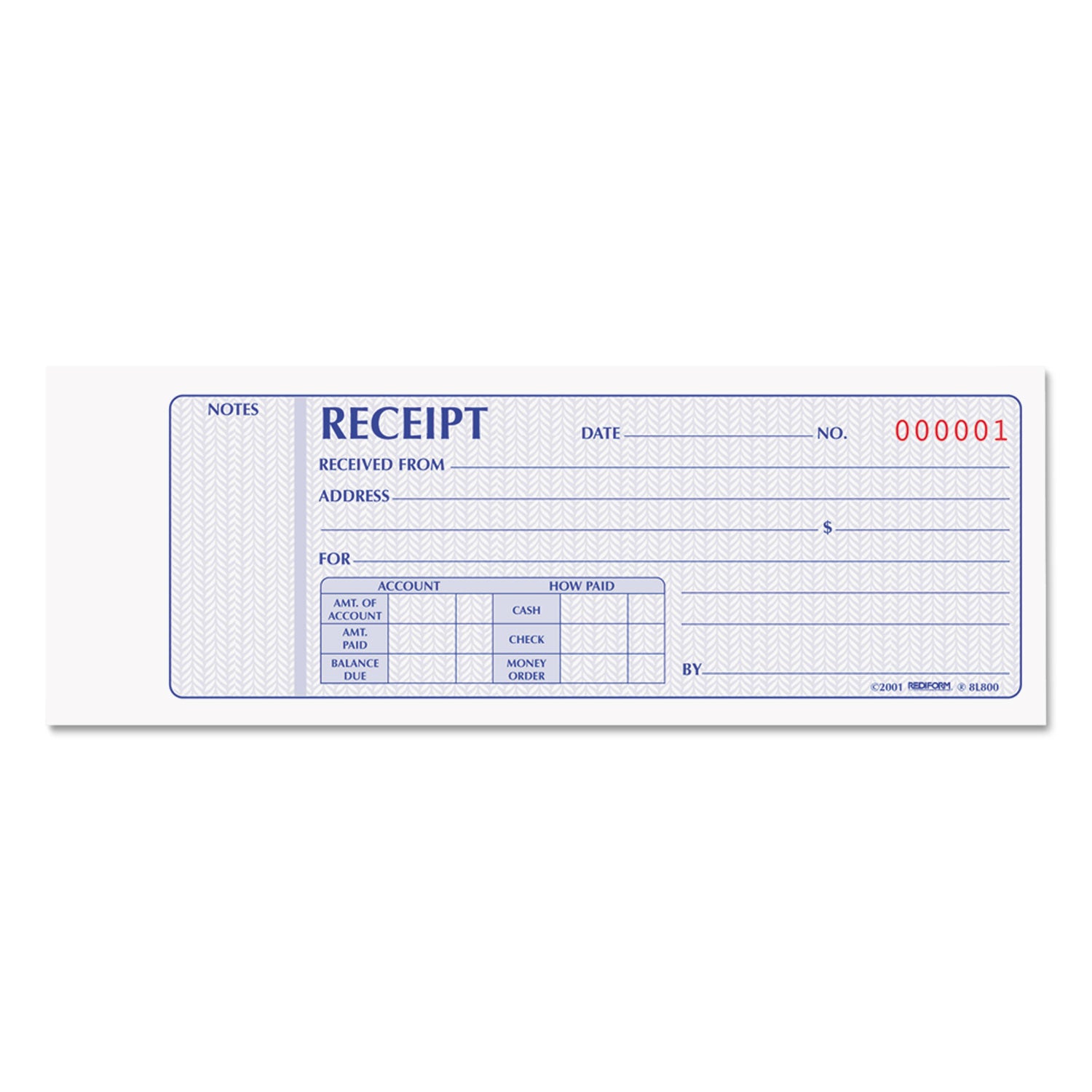 Receipt Book, Two-Part Carbonless, 7 x 2.75, 4 Forms/Sheet, 100 Forms Total -
