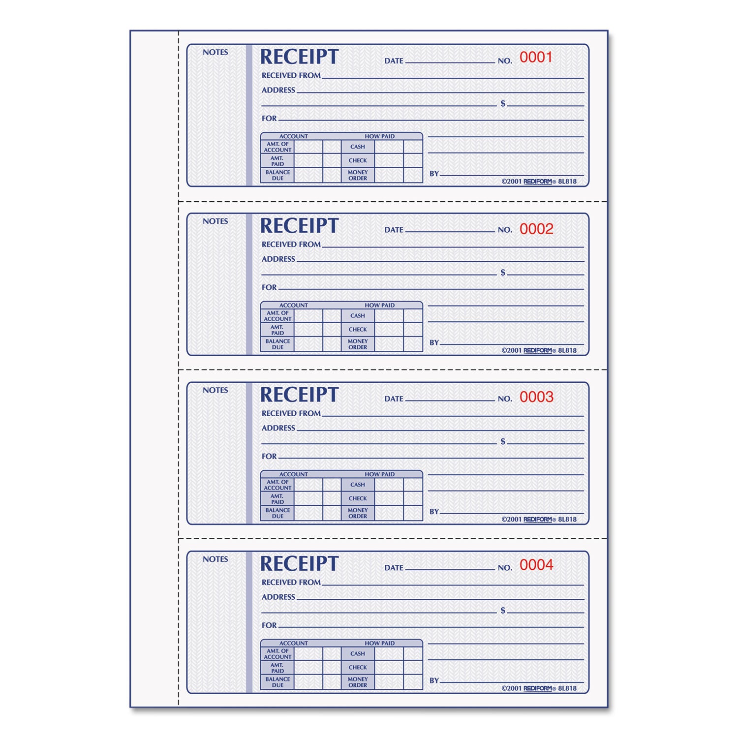 Money Receipt Book, Hardcover, Three-Part Carbonless, 7 x 2.75, 4 Forms/Sheet, 200 Forms Total -