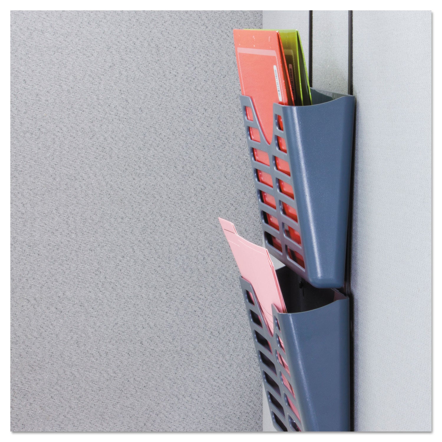Recycled Plastic Cubicle Triple File Pocket, Cubicle Pins Mount, 13.5 x 4.75 x 28, Charcoal -