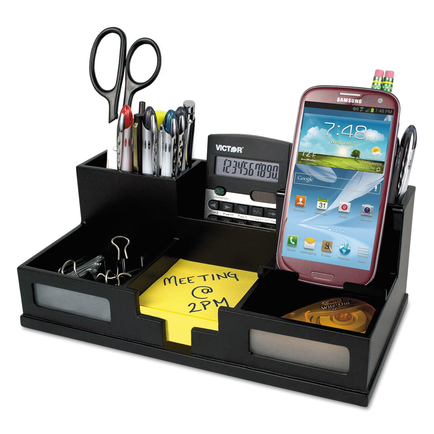 Midnight Black Desk Organizer with Smartphone Holder, 6 Compartments, Wood, 10.5 x 5.5 x 4 -