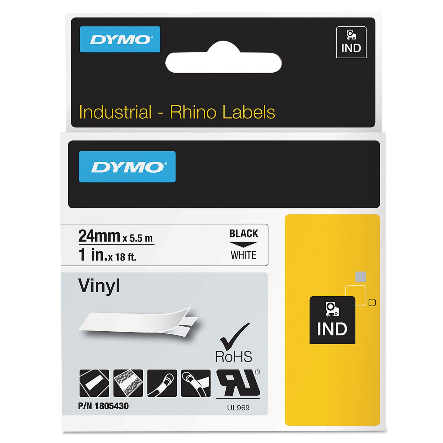 Rhino Permanent Vinyl Industrial Label Tape, 1" x 18 ft, White/Black Print -