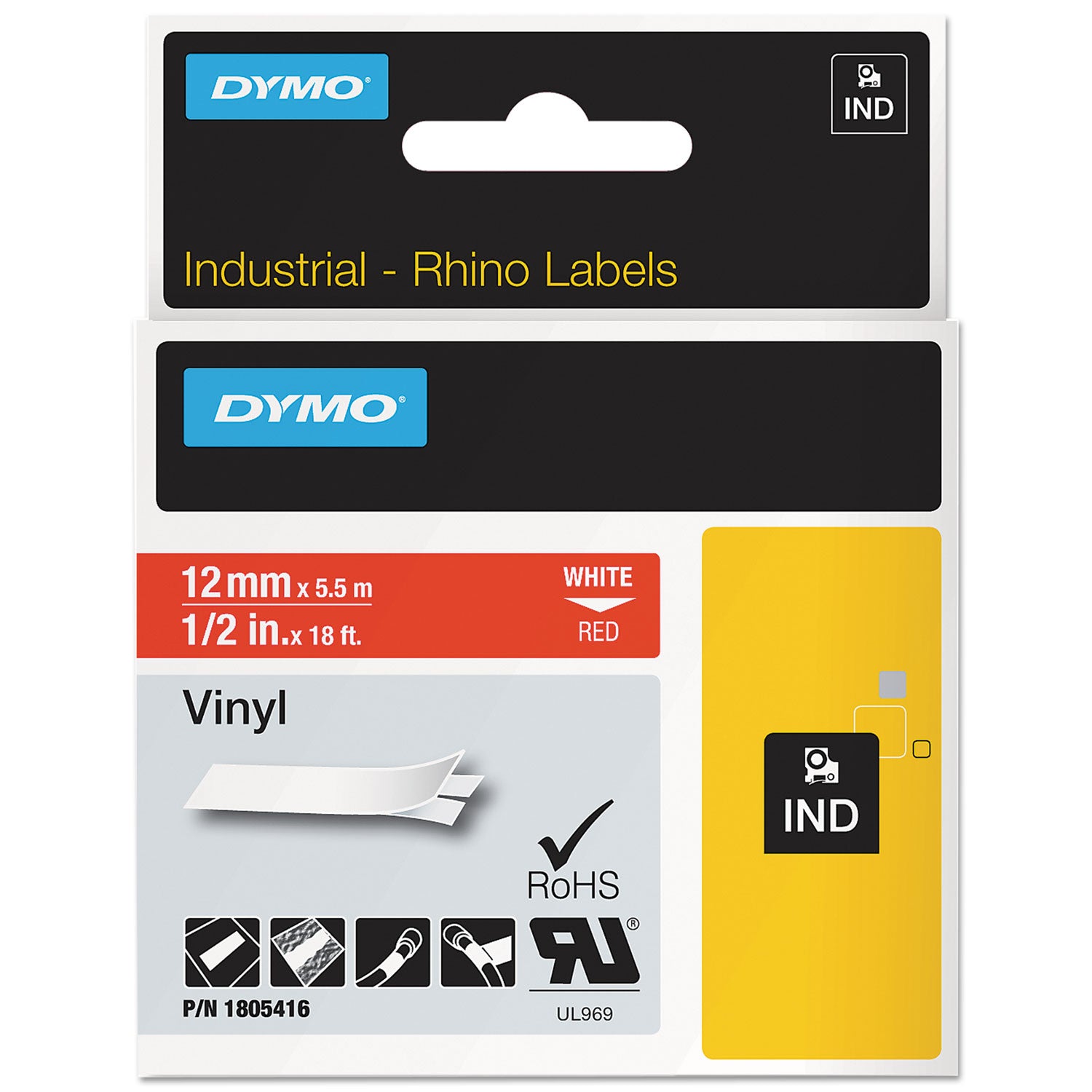 Rhino Permanent Vinyl Industrial Label Tape, 0.5" x 18 ft, Red/White Print -