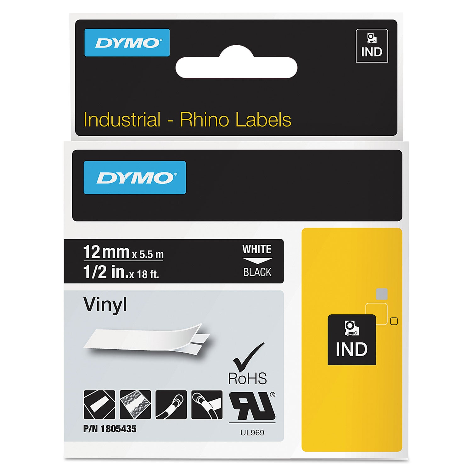Rhino Permanent Vinyl Industrial Label Tape, 0.5" x 18 ft, Black/White Print -
