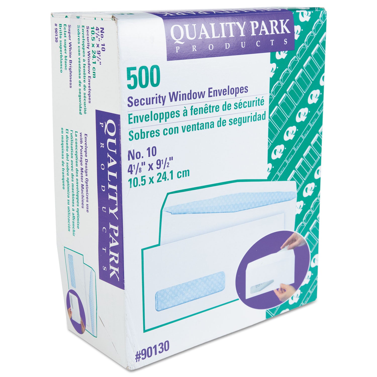 Security Tint Window Envelope, #10, Commercial Flap, Gummed Closure, 4.13 x 9.5, White, 500/Box -