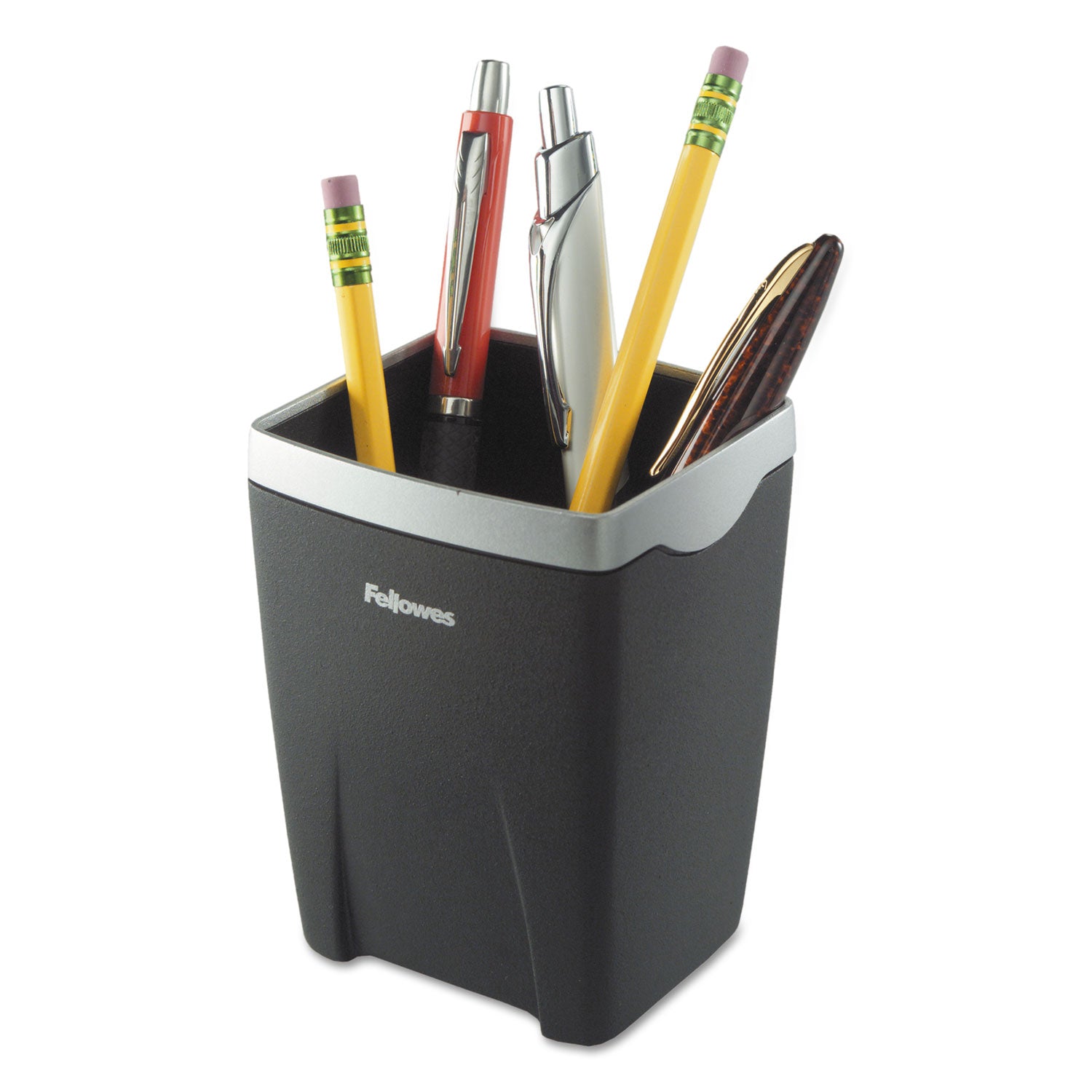 Office Suites Divided Pencil Cup, Plastic, 3.13 x 3.13 x 4.25, Black/Silver -