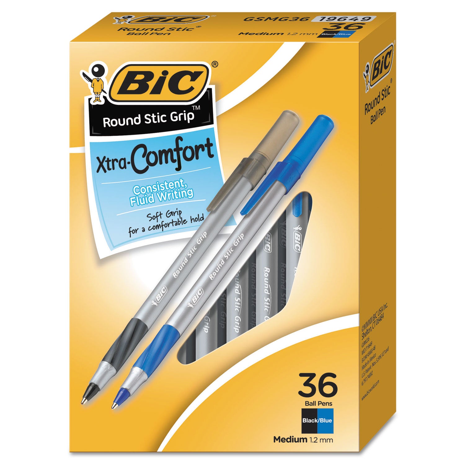 Round Stic Grip Xtra Comfort Ballpoint Pen Value Pack, Easy-Glide, Stick, Medium 1.2mm, Assorted Ink and Barrel Colors, 36/PK -