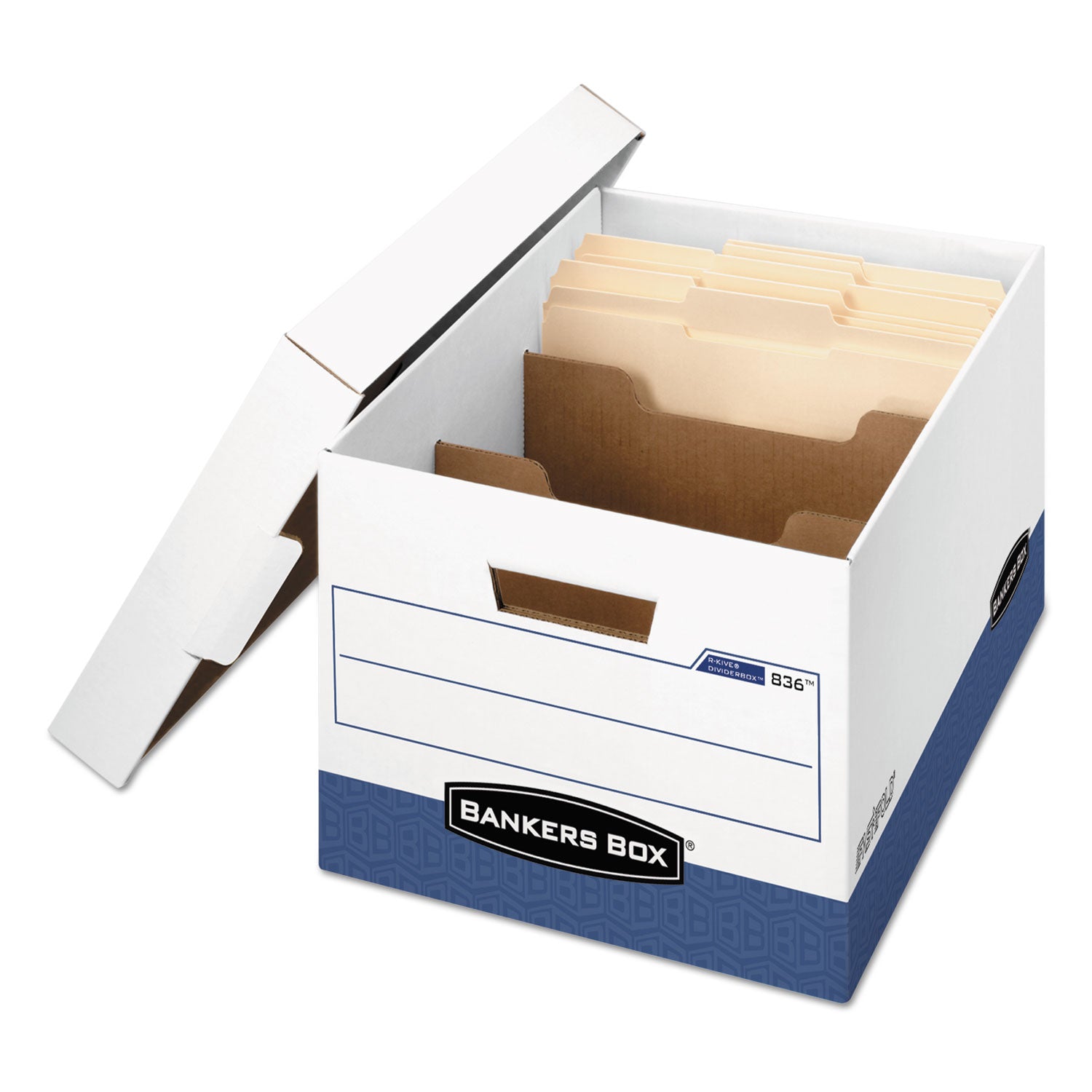 R-KIVE Heavy-Duty Storage Boxes with Dividers, Letter/Legal Files, 12.75" x 16.5" x 10.38", White/Blue, 12/Carton -