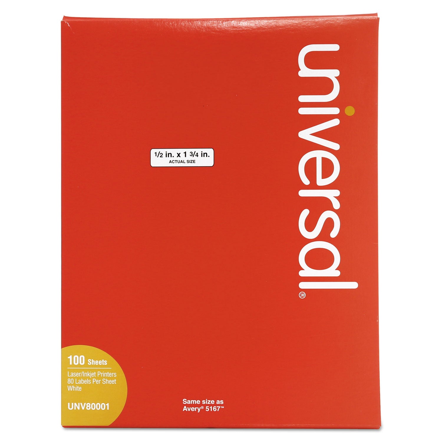 White Labels, Inkjet/Laser Printers, 0.5 x 1.75, White, 80/Sheet, 100 Sheets/Box -