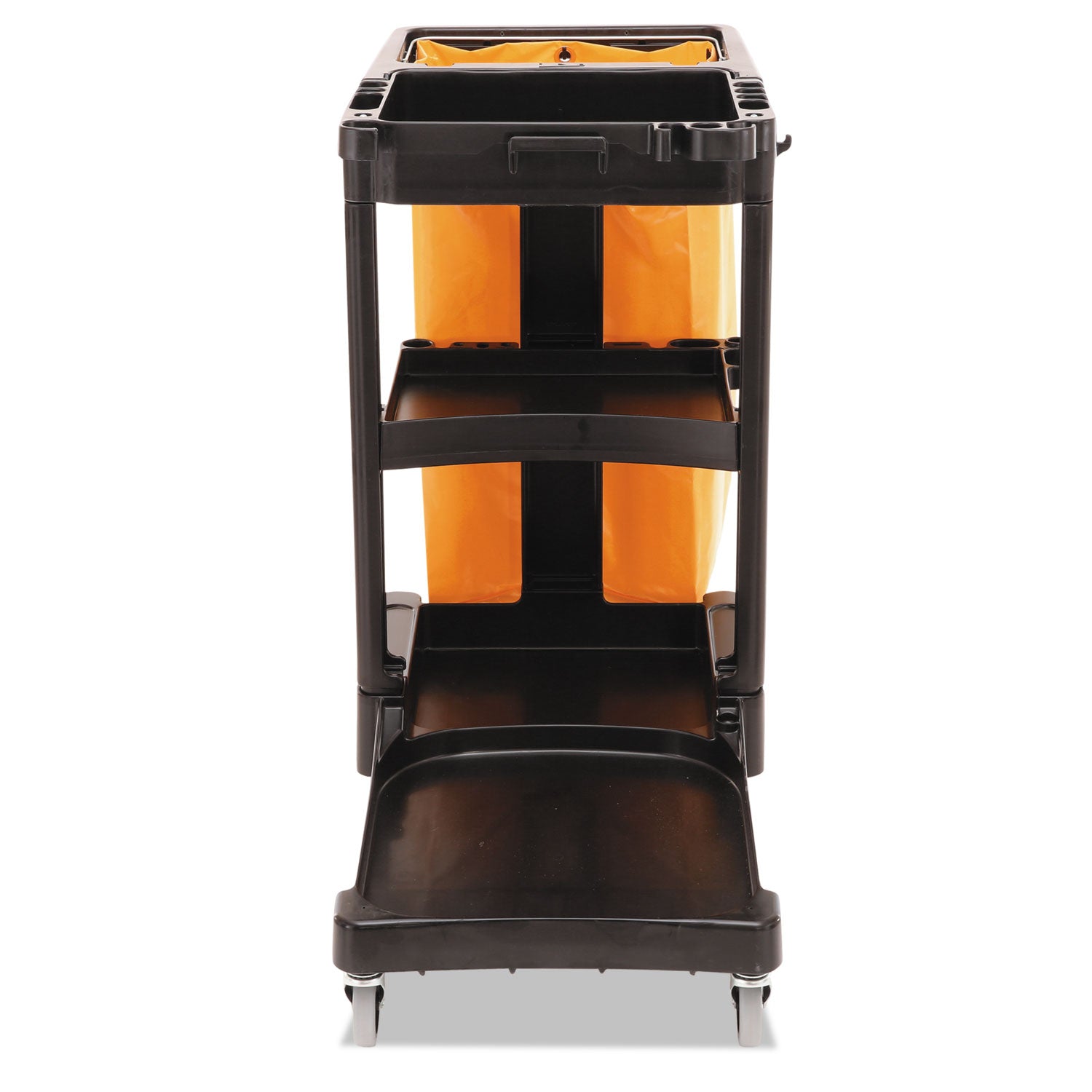 Multi-Shelf Cleaning Cart, Plastic, 4 Shelves, 1 Bin, 20" x 45" x 38.25", Black -