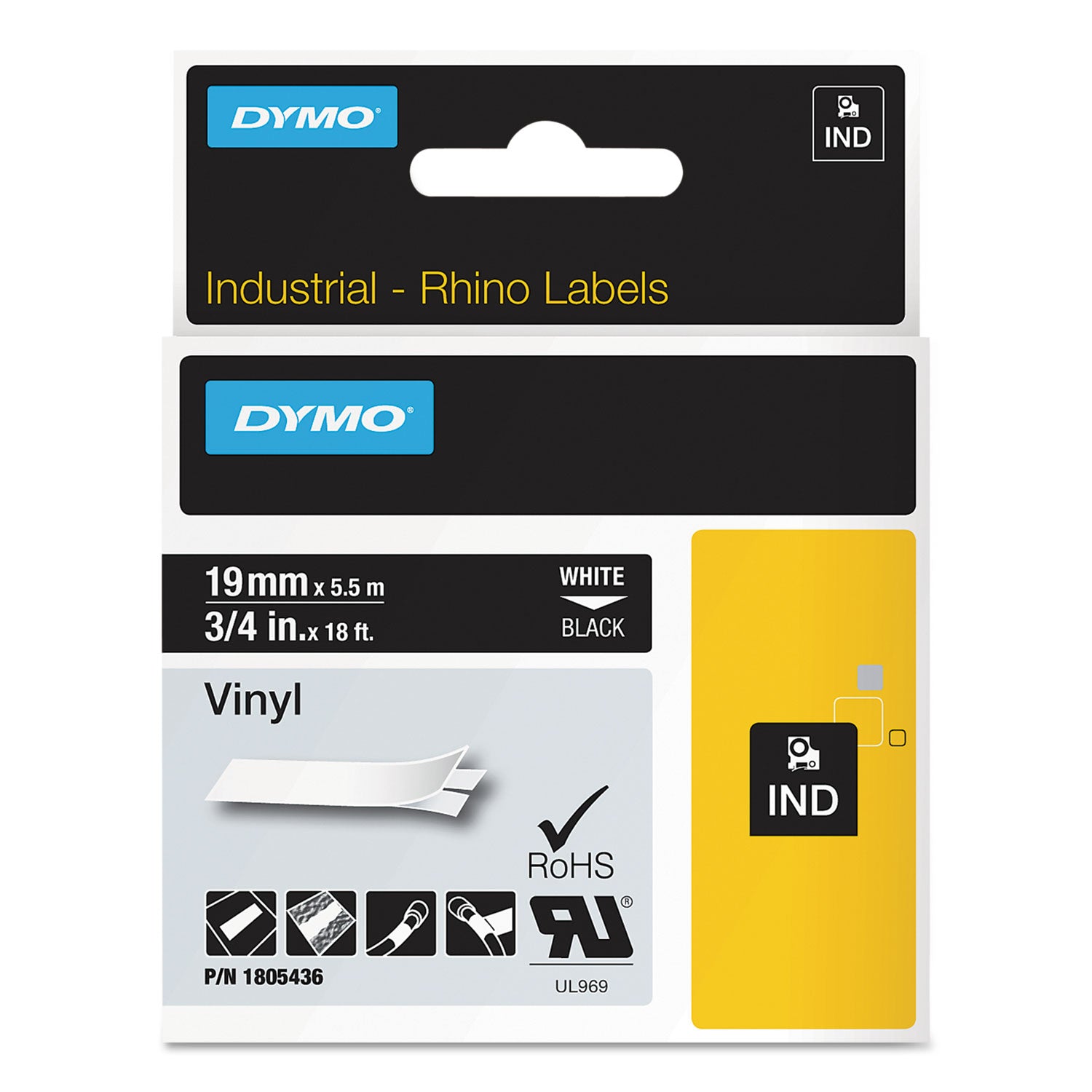 Rhino Permanent Vinyl Industrial Label Tape, 0.75" x 18 ft, Black/White Print -