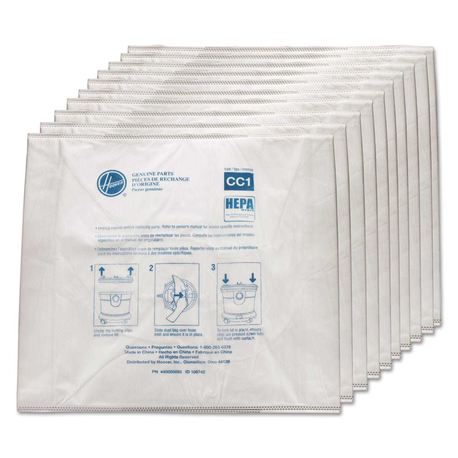 Disposable Vacuum Bags, HEPA CC1, 10/Pack -