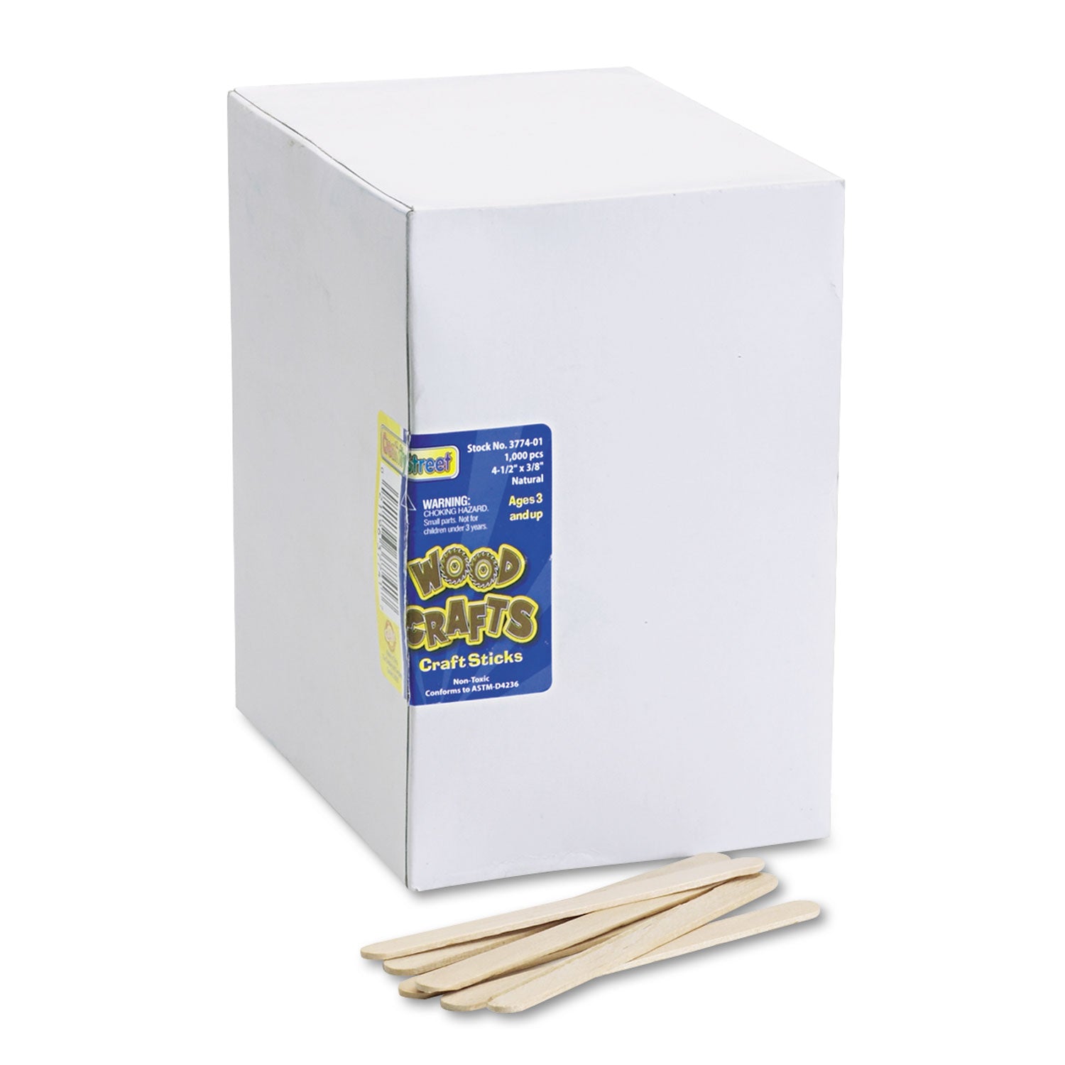 Natural Wood Craft Sticks, 4.5" x 0.38", Economy Grade Wood, Natural, 1,000/Box -