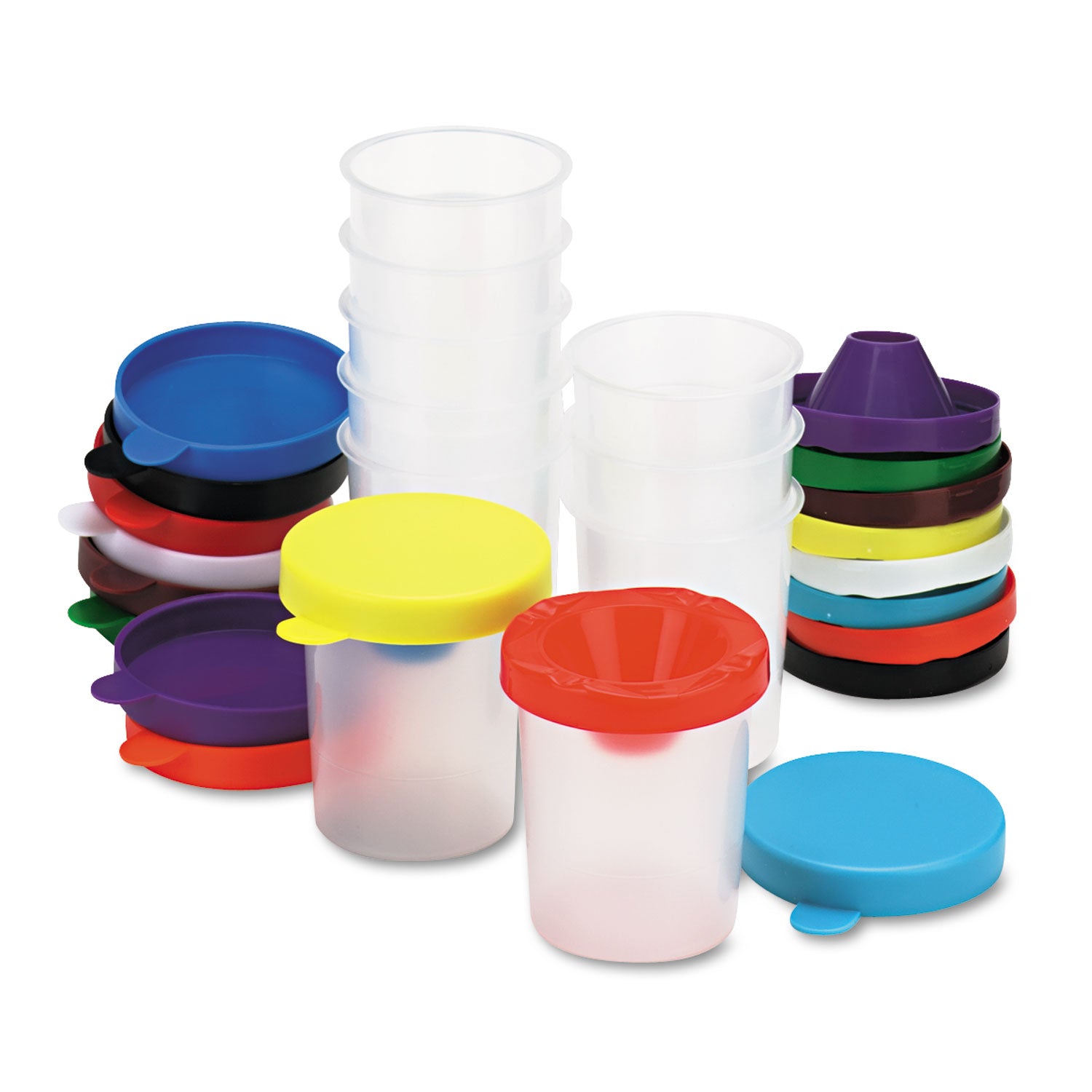 No-Spill Paint Cups, Assorted Color Lids/Cear Cups, 10/Set -