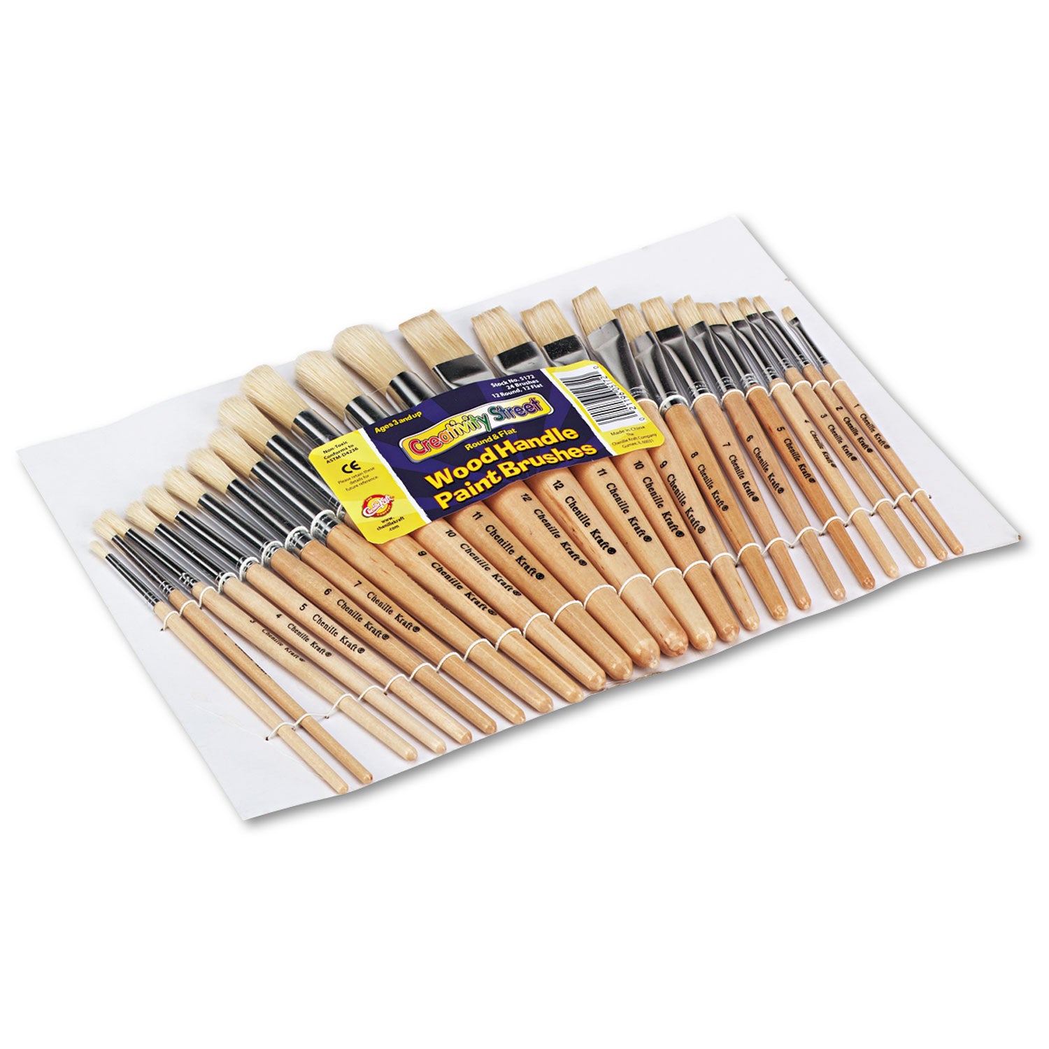 Preschool Brush Set, Sizes 1-12, Natural Bristle, Flat; Round Profiles, 24/Set -