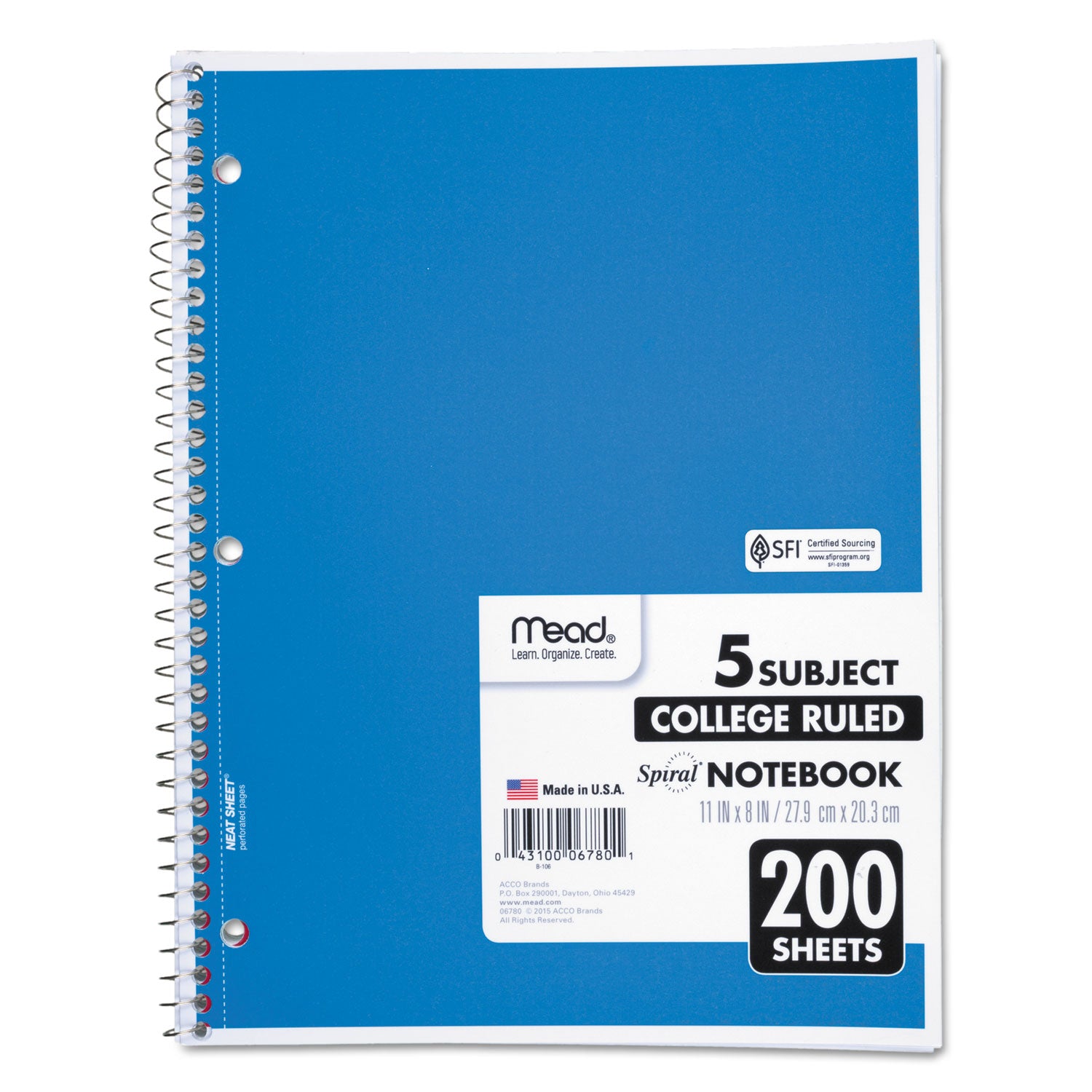 Spiral Notebook, 5-Subject, Medium/College Rule, Randomly Assorted Cover Color, (200) 11 x 8 Sheets -