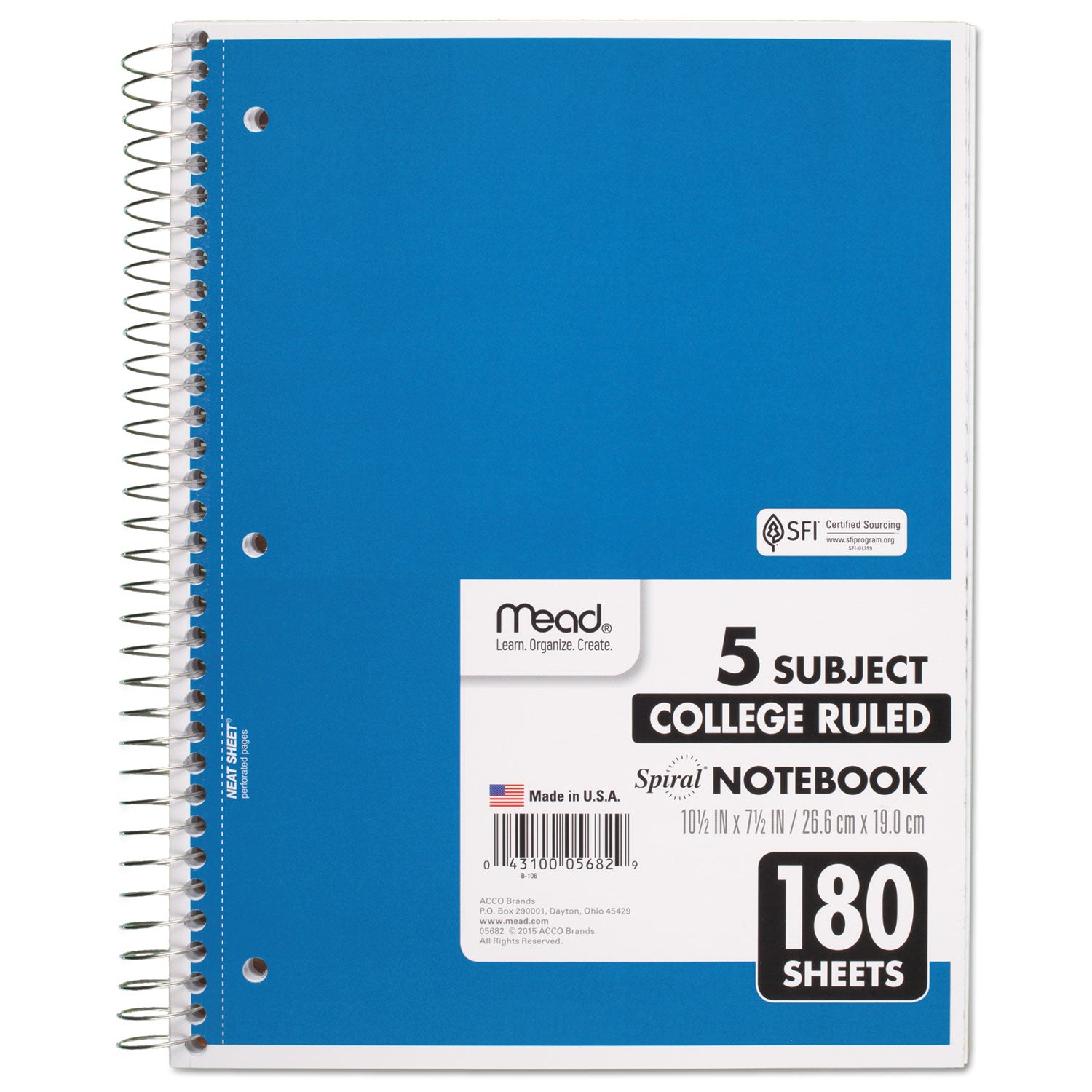 Spiral Notebook, 5-Subject, Medium/College Rule, Randomly Assorted Cover Color, (180) 10.5 x 8 Sheets -