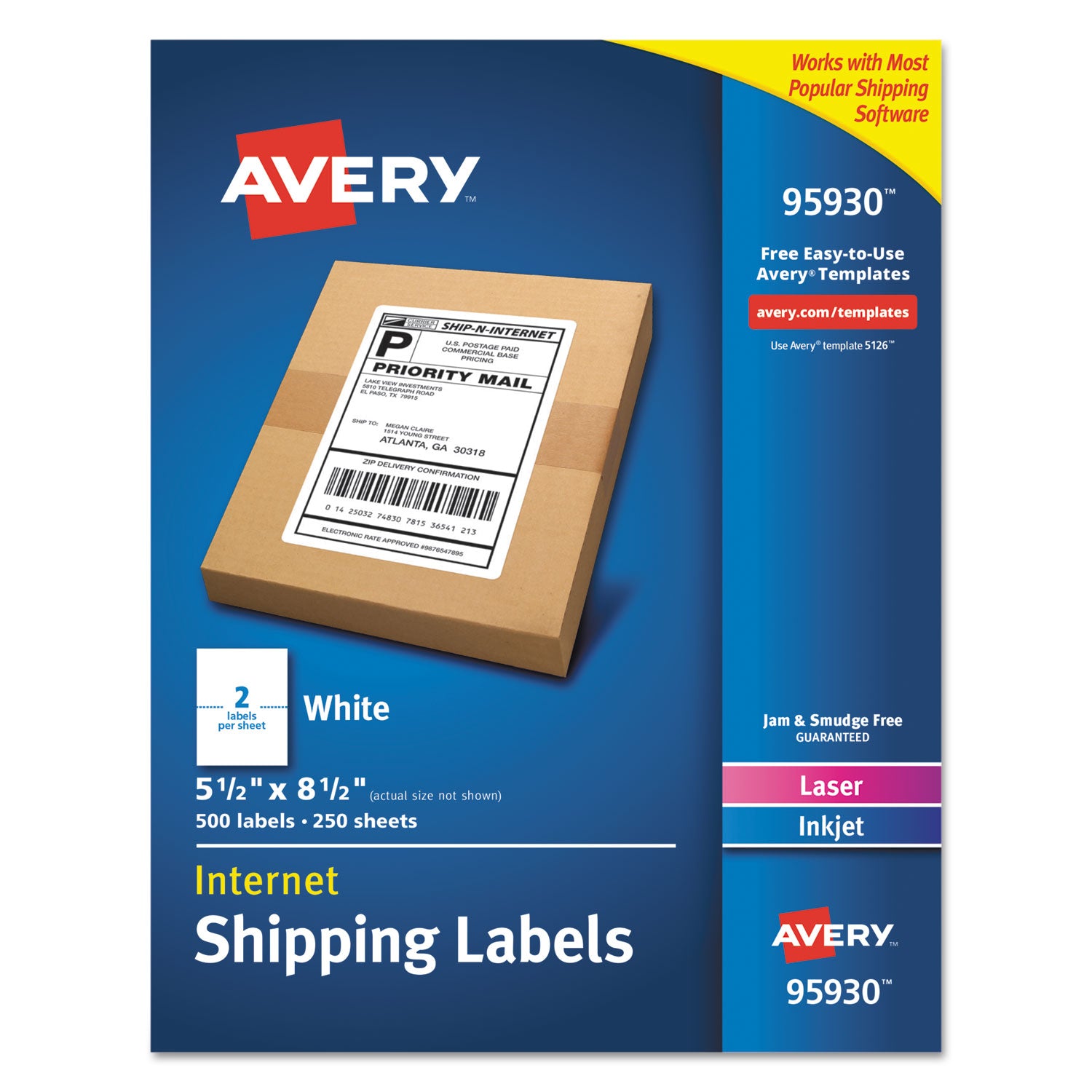 White Shipping Labels-Bulk Packs, Inkjet/Laser Printers, 5.5 x 8.5, White, 2/Sheet, 250 Sheets/Box -