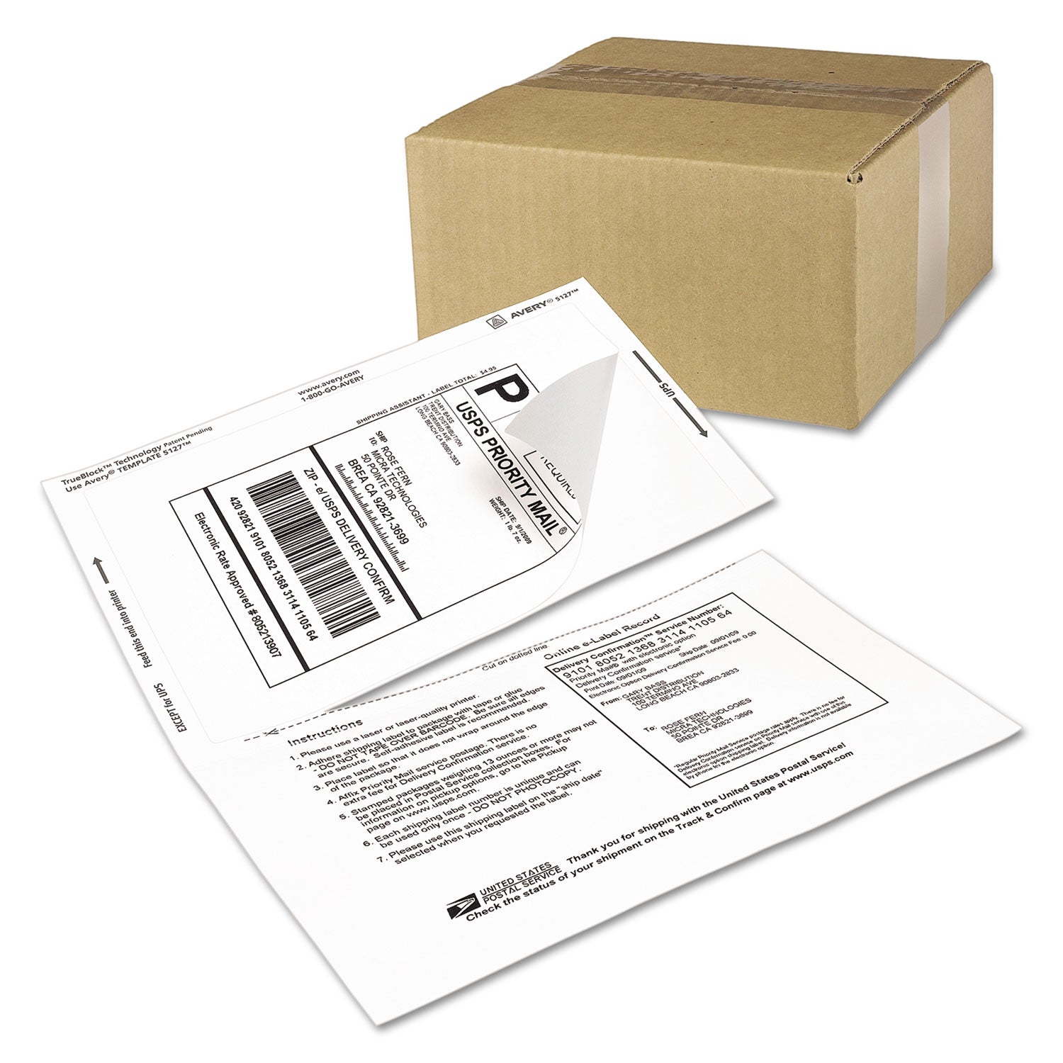 Shipping Labels with Paper Receipt and TrueBlock Technology, Inkjet/Laser Printers, 5.06 x 7.63, White, 50/Pack -