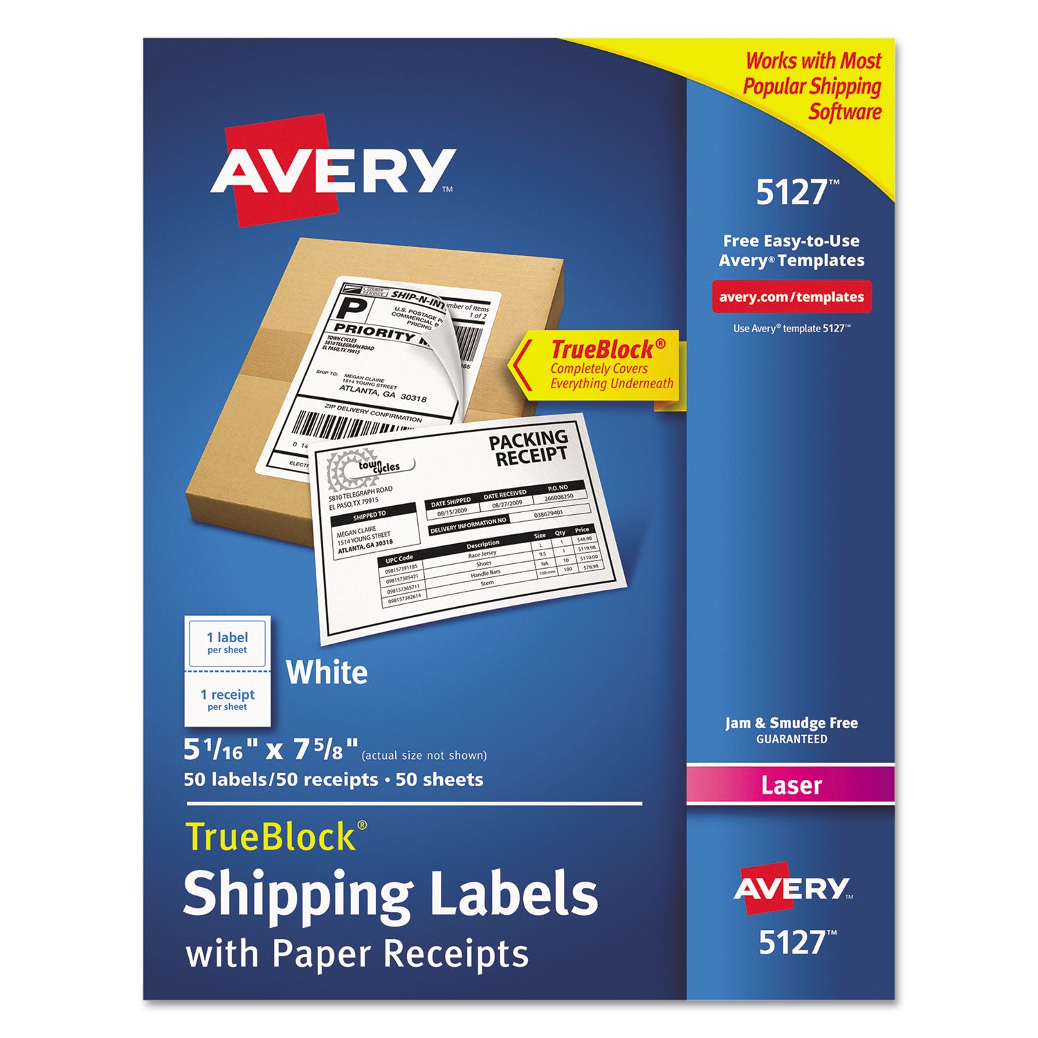 Shipping Labels with Paper Receipt and TrueBlock Technology, Inkjet/Laser Printers, 5.06 x 7.63, White, 50/Pack -