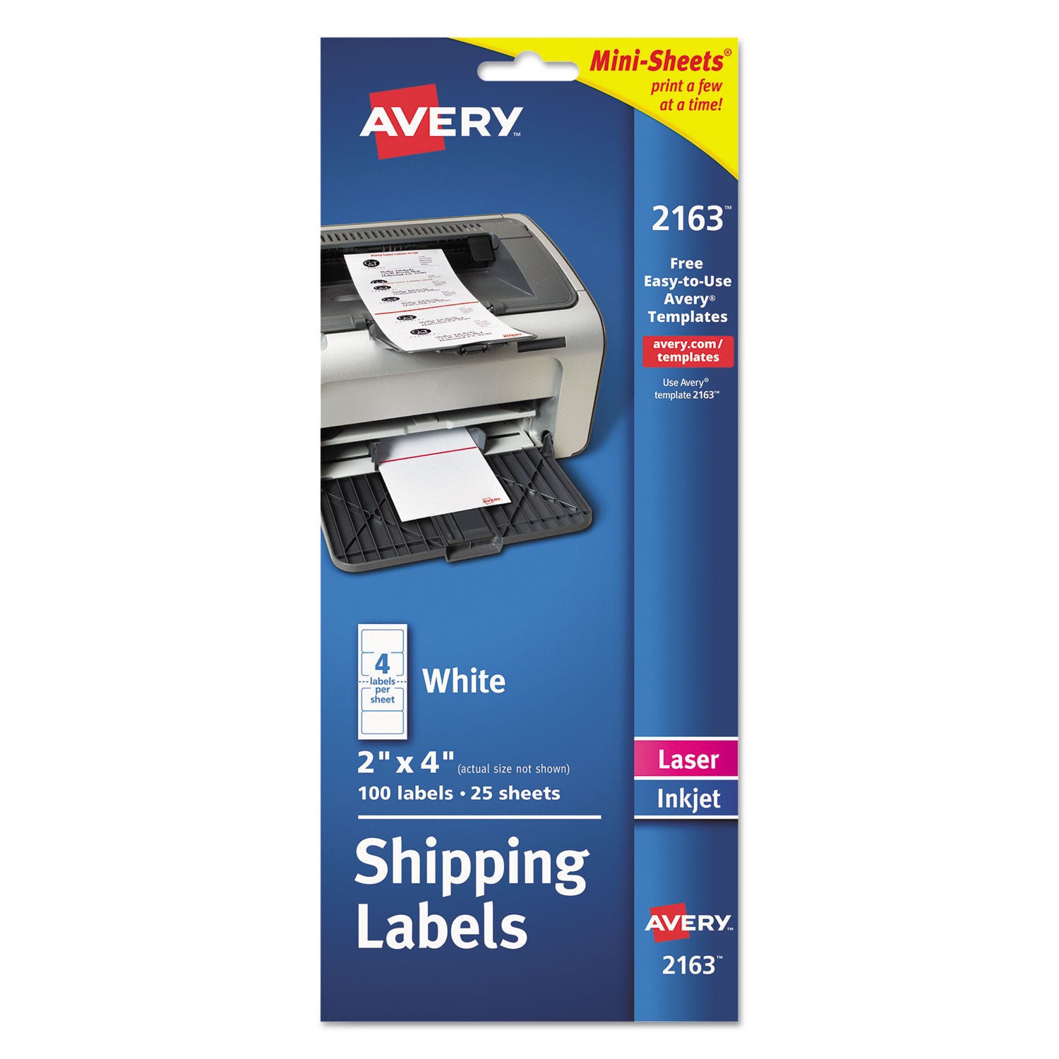 Mini-Sheets Mailing Labels, Inkjet/Laser Printers, 2 x 4, White, 4/Sheet, 25 Sheets/Pack -