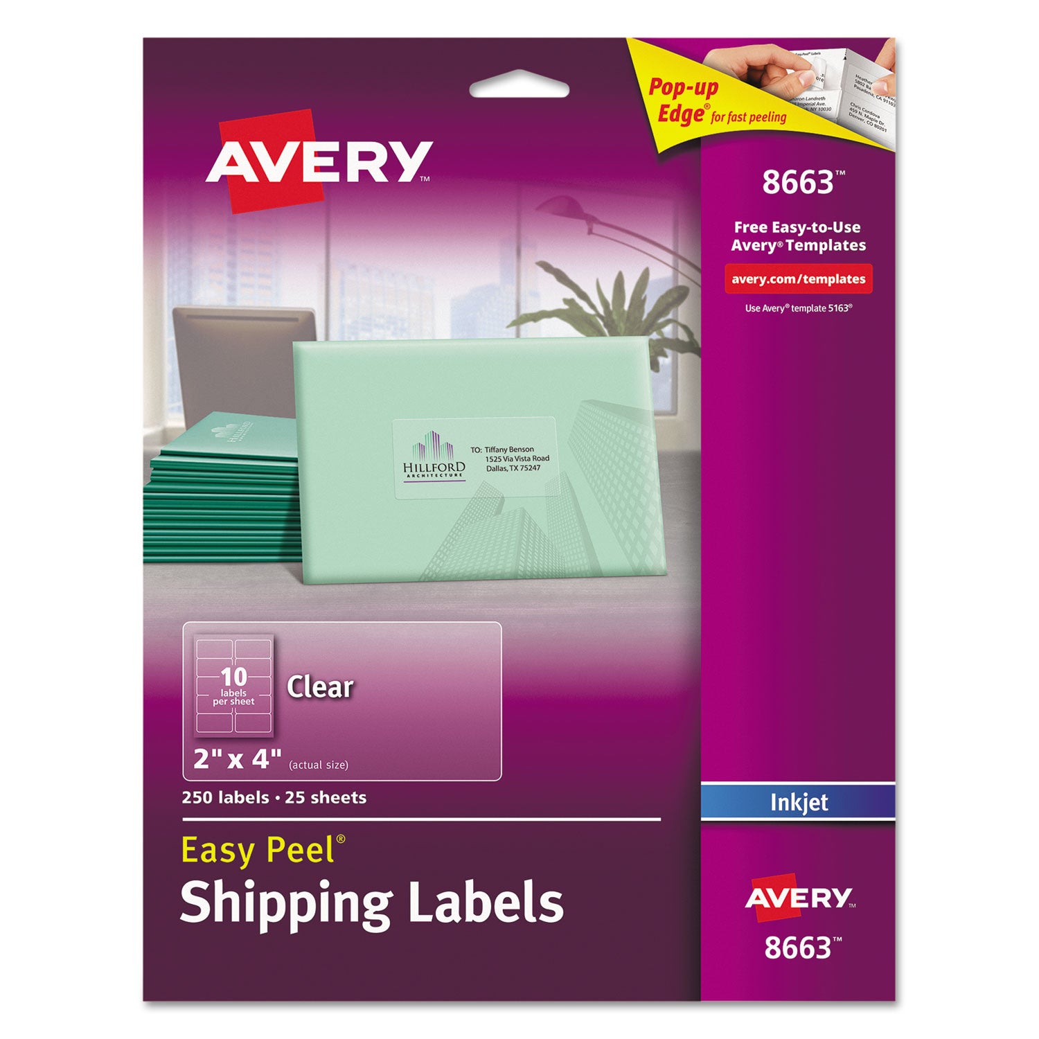 Matte Clear Easy Peel Mailing Labels w/ Sure Feed Technology, Inkjet Printers, 2 x 4, Clear, 10/Sheet, 25 Sheets/Pack -