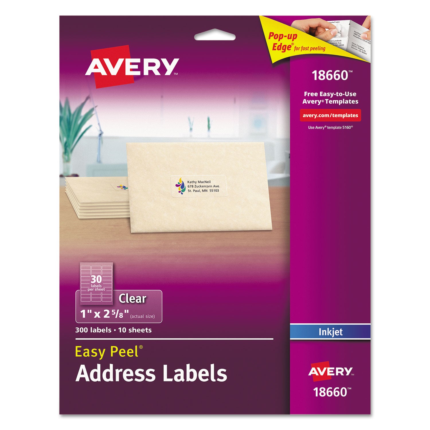 Matte Clear Easy Peel Mailing Labels w/ Sure Feed Technology, Inkjet Printers, 1 x 2.63, Clear, 30/Sheet, 10 Sheets/Pack -