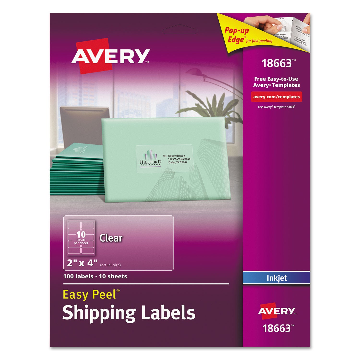 Matte Clear Easy Peel Mailing Labels w/ Sure Feed Technology, Inkjet Printers, 2 x 4, Clear, 10/Sheet, 10 Sheets/Pack -