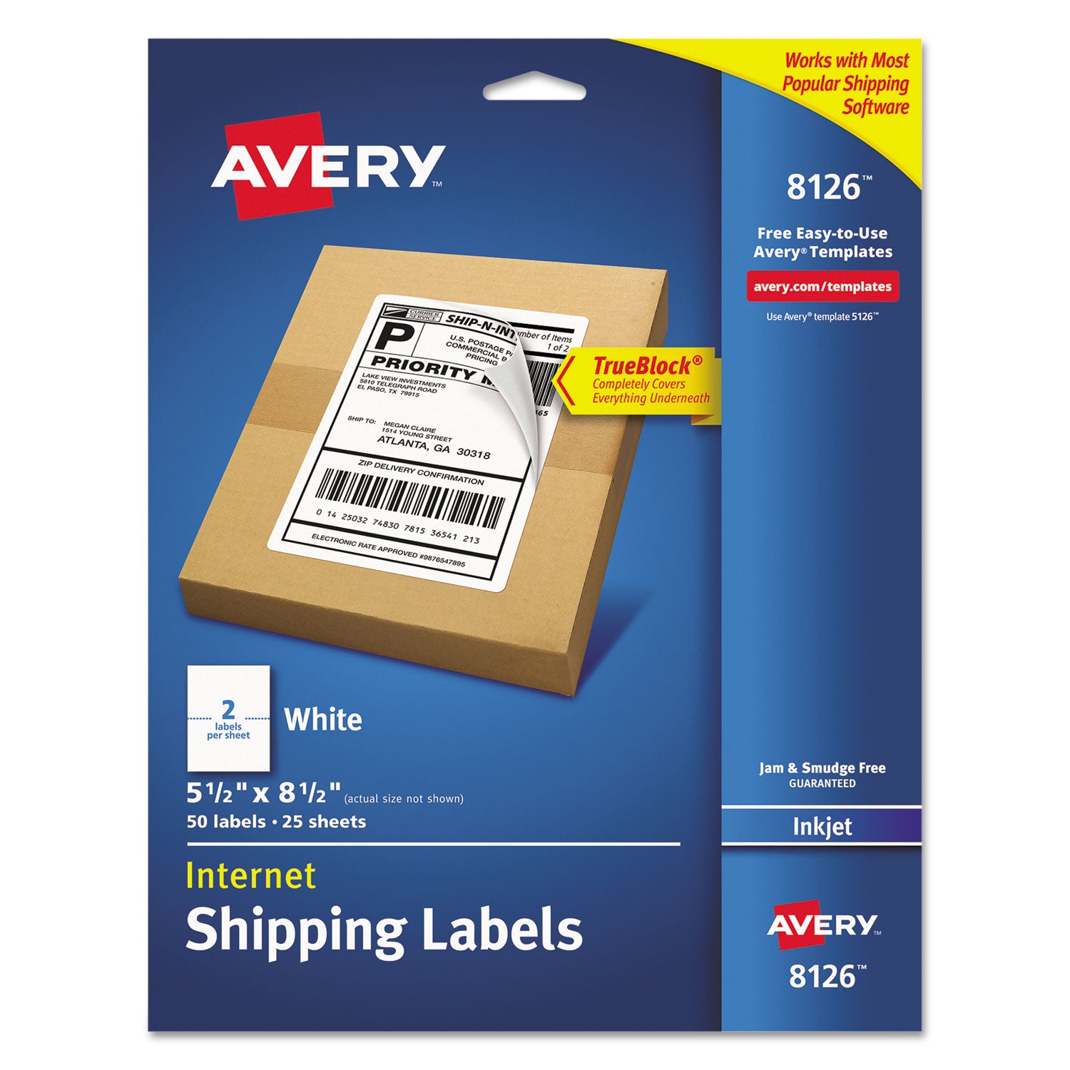 Shipping Labels w/ TrueBlock Technology, Inkjet Printers, 5.5 x 8.5, White, 2/Sheet, 25 Sheets/Pack -